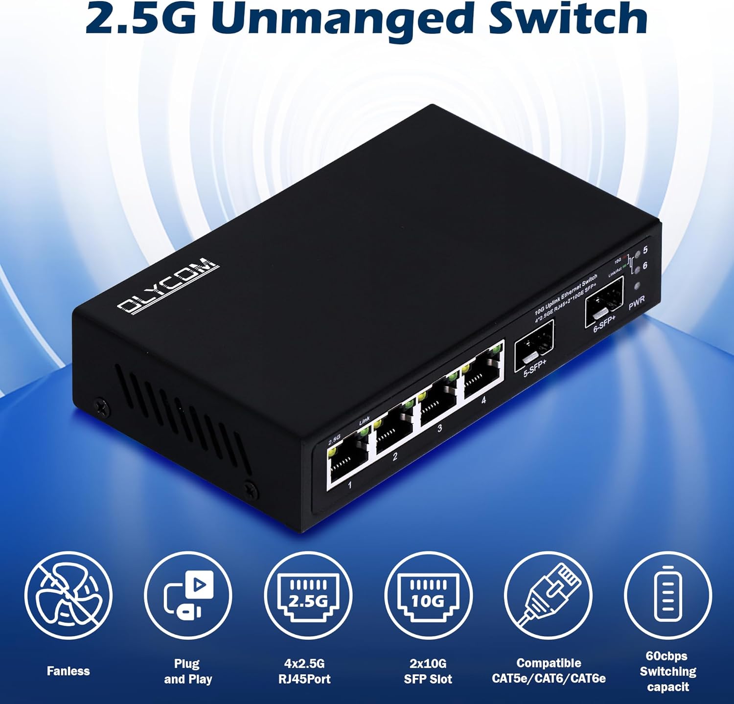 6 Port 2.5G Unmanaged Network Switch, 4x2.5GBase-T Ports, 2x10G SFP+ Fiber, 60Gbps Bandwidth, Desktop/Wall Mount, Compatible with 100/1000/2500Mbps, Black Plastic Case