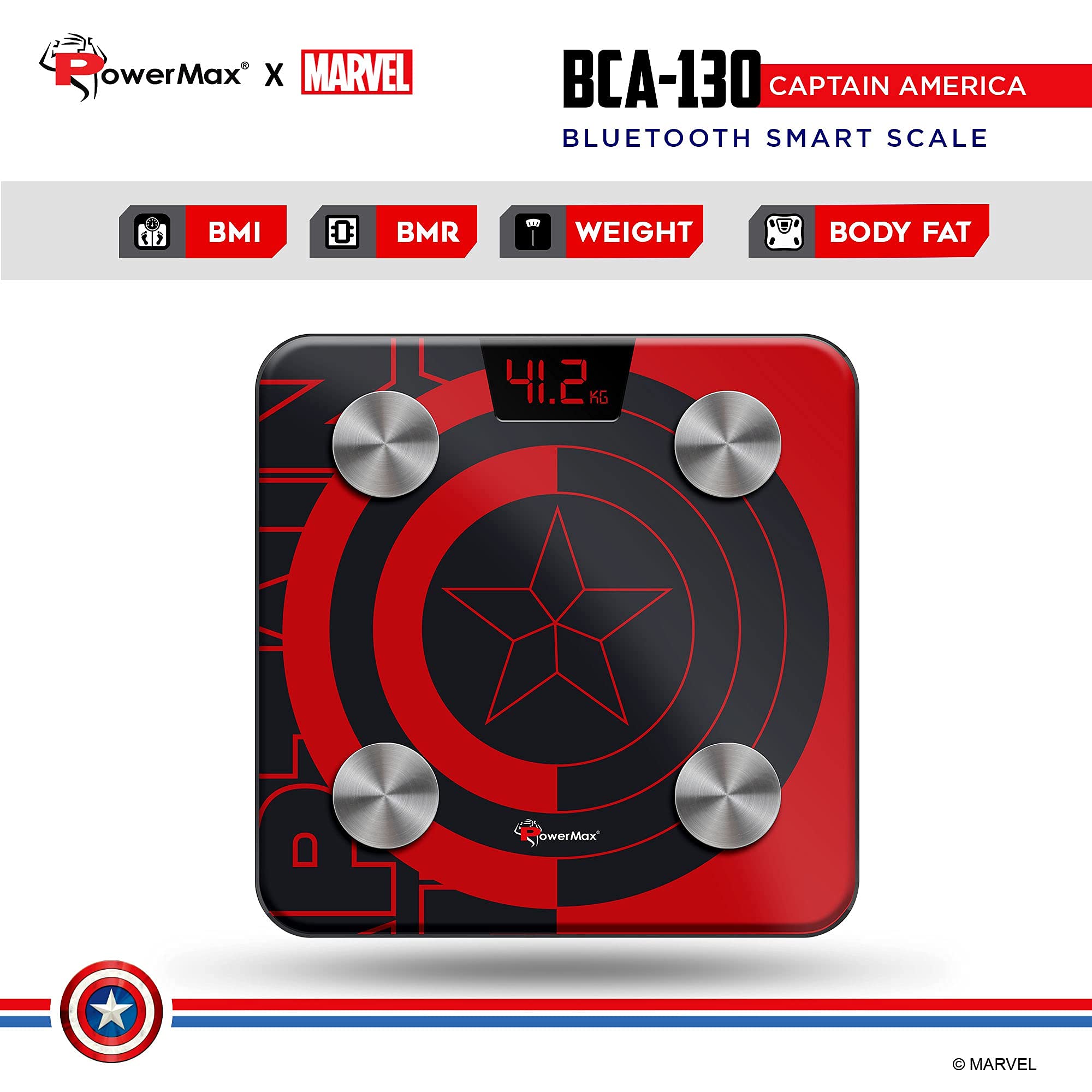 PowerMax X Marvel BCA-130 Marvel Edition Red Captain America Digital Weight Machine for Human Body - High Accuracy Bathroom Weighing Scale with Step-on Technology & Super Durable 6mm Tempered Glass 1