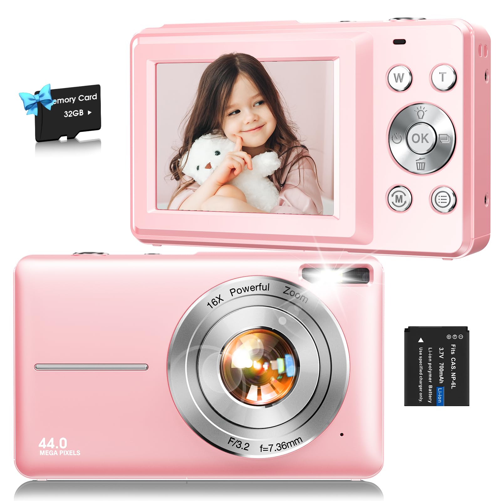 Digital Camera,FHD 1080P Kids Camera 44MP Point and Shoot Digital Cameras with 32GB Card,16X Zoom,Anti-Shake,Date Stamp,Compact Small Cameras
