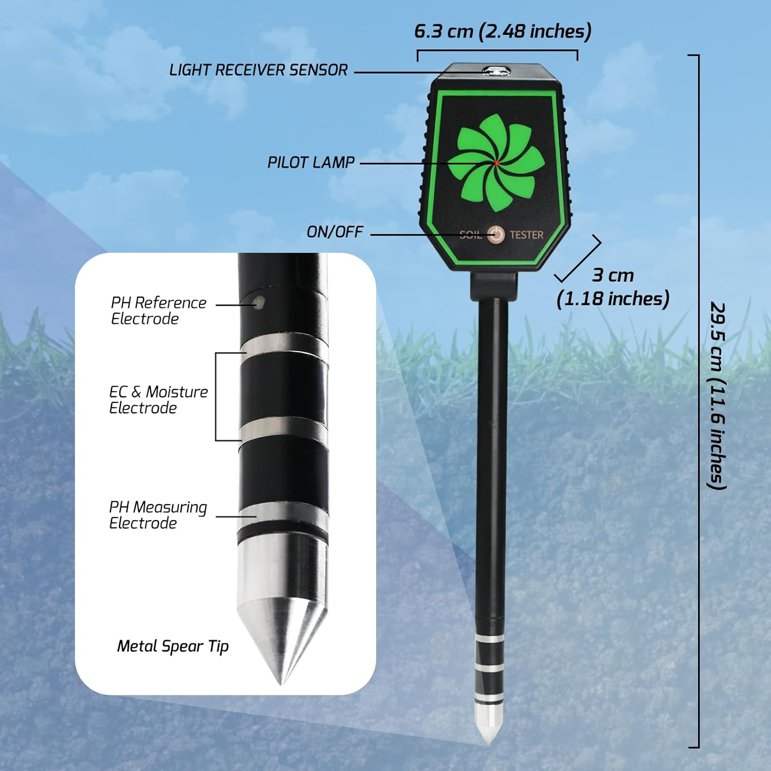 8-in-1 Bluetooth Soil Meter for pH, EC, Moisture, Fertility, Temperature, Light, and Humidity Monitoring with Real-Time App Control, Data Logging, and Precise Calibration for Plant Care