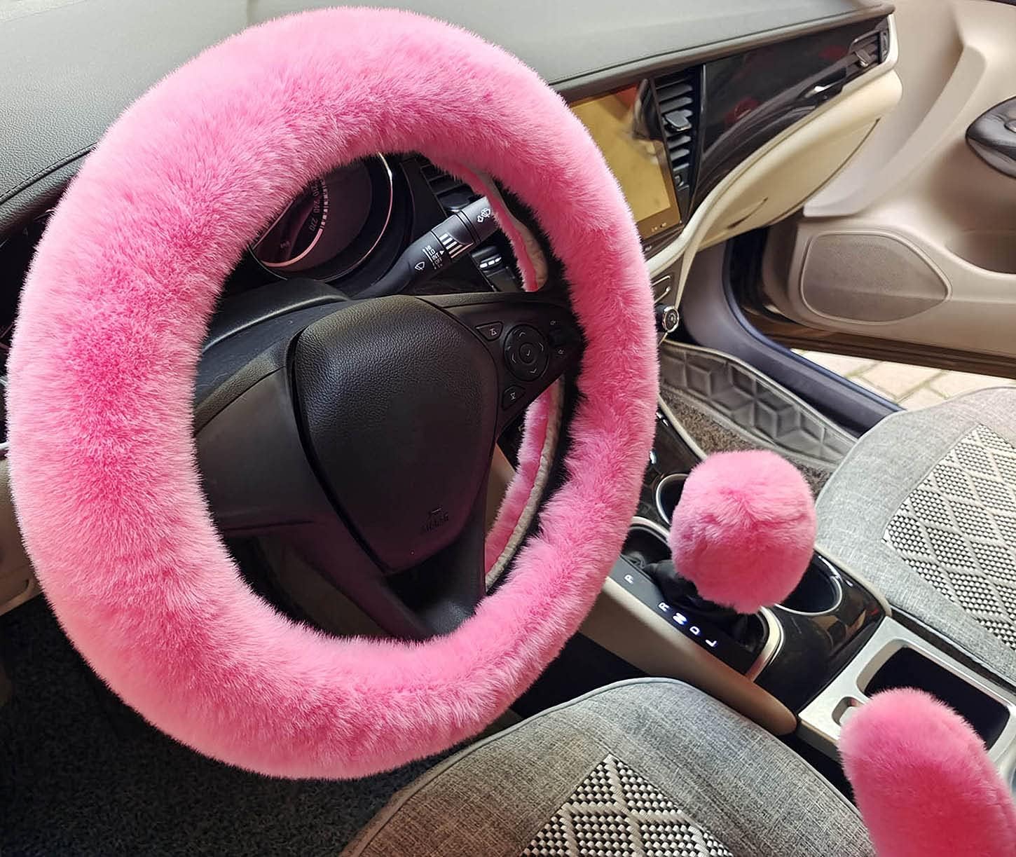 Winter Warm Fluffy Furry Fuzzy Car Steering Wheel Cover,Universal Fit Thickening Faux Rabbit Fur Plush Steering Covers+Gear Shift Cover and+Brake cover-3pcs Set (Black)