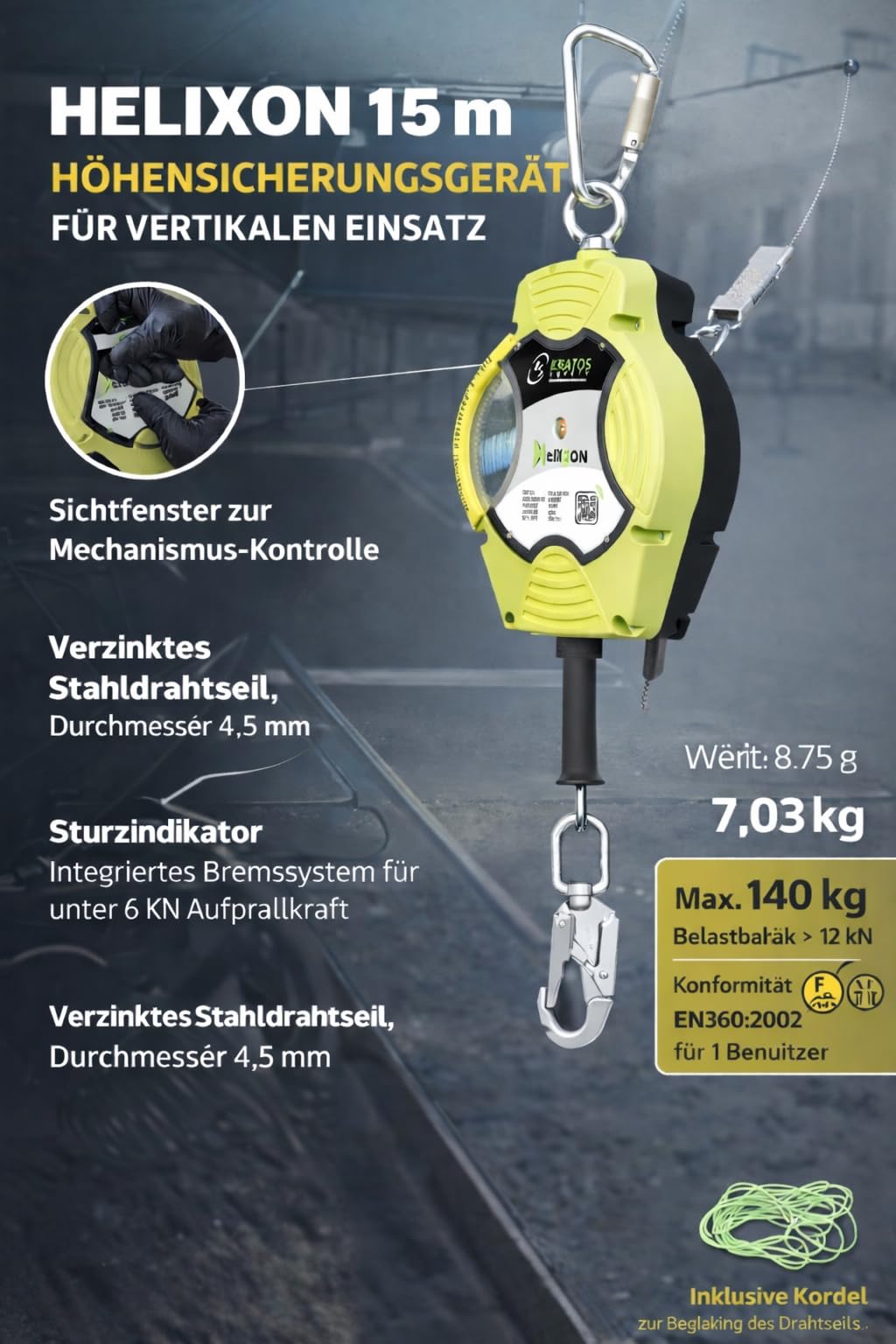 Kratos Safety Helixon Stahldrahtseil Höhensicherungsgerät mit automatischem Rückzug, 15 m, Vertikaler Gebrauch, EN360, PSA