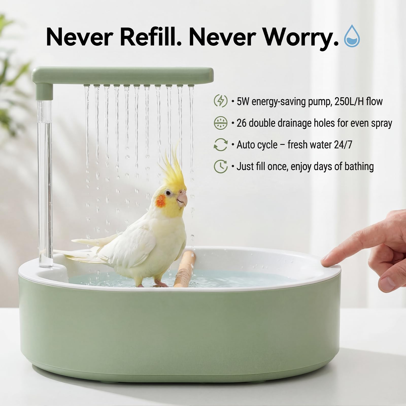 Bain d'oiseaux, Douche pour Perroquets, Douche d'oiseaux, Douche pour Perroquet, Bain d'oiseaux Automatique avec Eau en Circulation, pour Perruches, Munias Africains et Aras