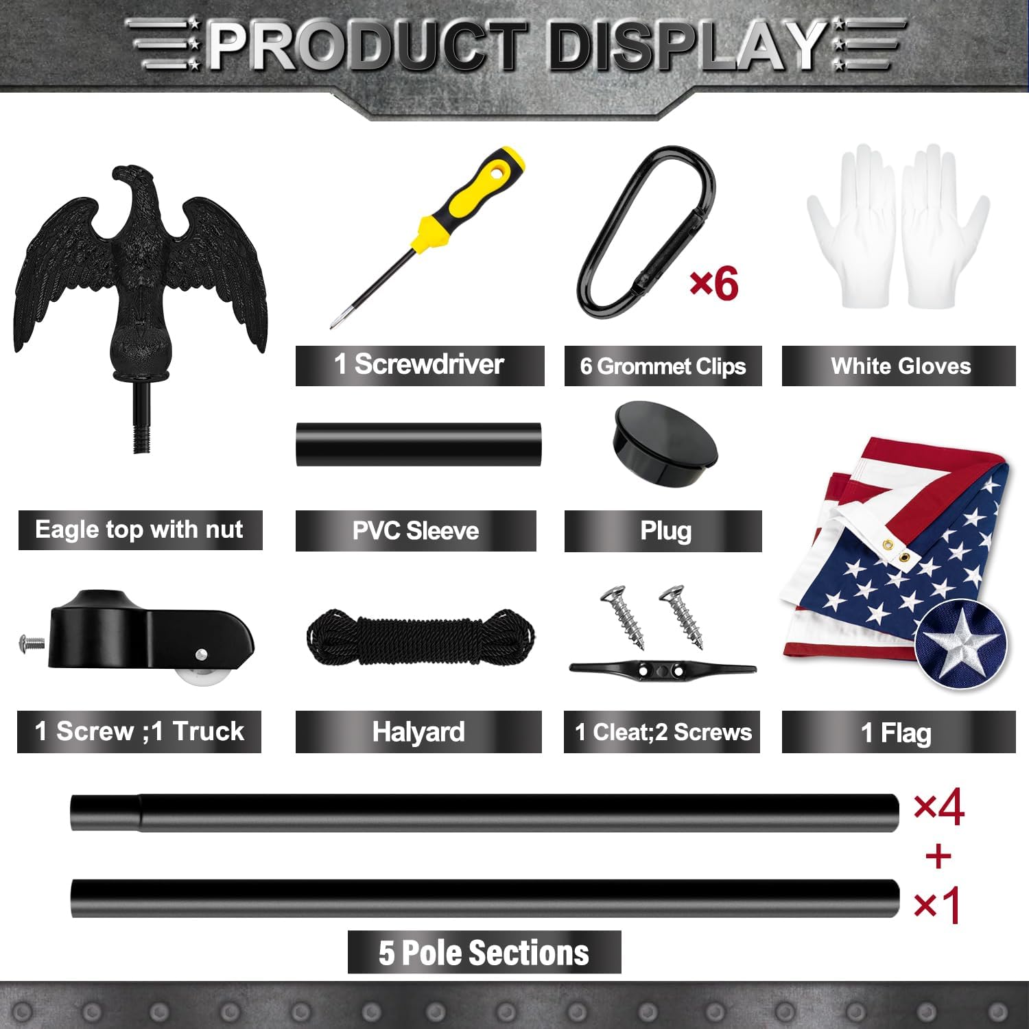 Heavy Duty Flag Pole Kit for Outside, 20 FT 12 Gauge Aluminum Flagpole for Outdoor House in Ground, with Spun Polyester 3x5 ft American Flag, Metal Eagle Topper, Residential or Commercial (Black)