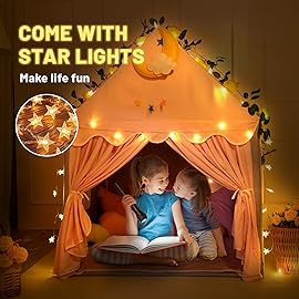 Wilwolfer Kid Tent with Mat, Star Lights - Kids Play Tents for Toddlers Kids Tents Indoor Playhouse - Princess Tent for Girls Toy House Gift (Gray with Cloth)