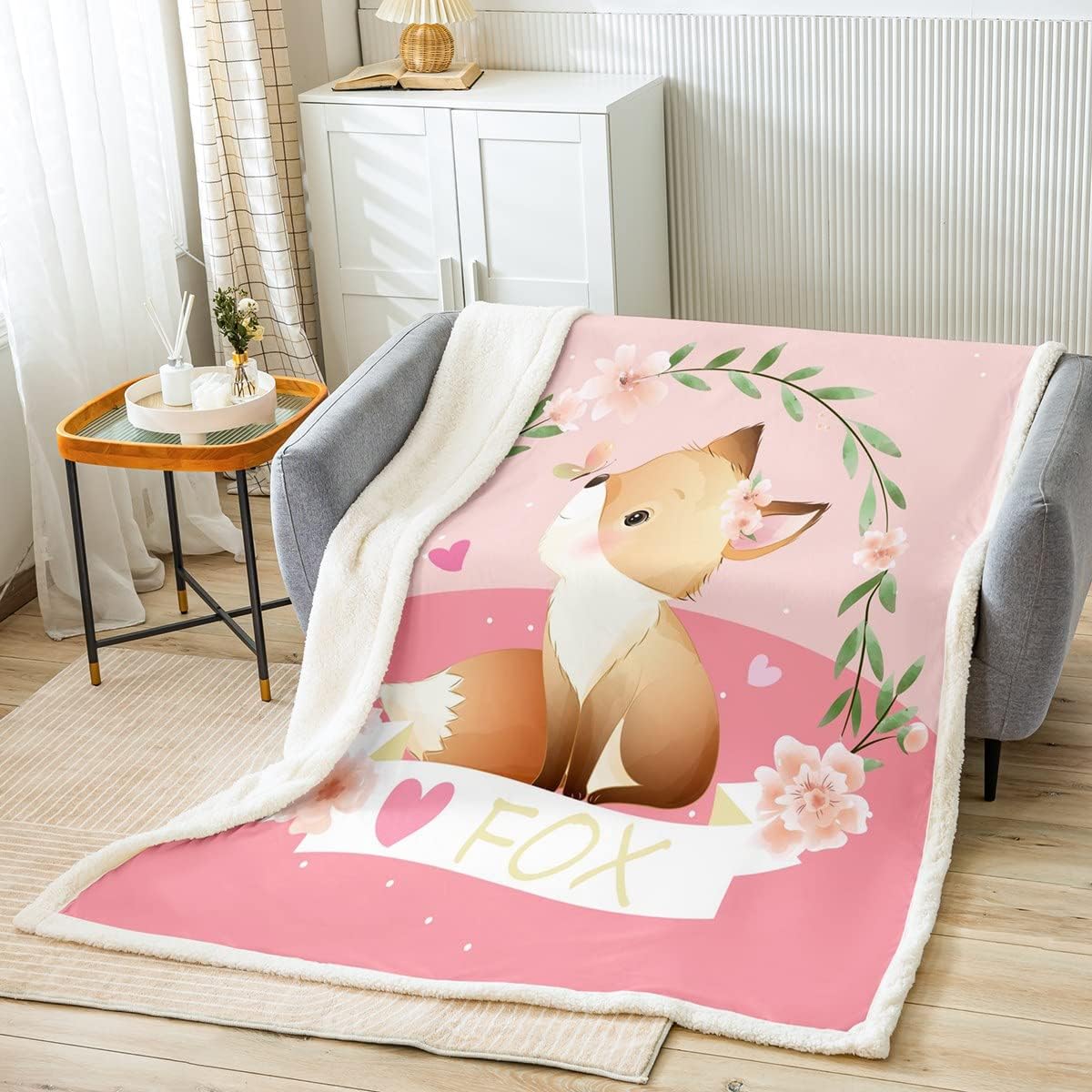 Feelyou Girls Cartoon Fox Sherpa Blanket Cute Fox Fleece Throw Blanket for Kids Boys Girls Kawaii Animal Plush Blanket Botanical Floral Fuzzy Blanket for Sofa Bed Couch,40x50 Inches Multi U0
