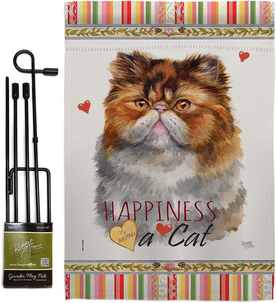 Persian Happiness Garden Flag Set Wall Holder Animals Cat Kitten Meow Spoiled Paw Fur Pet Nature Farm Animal Creature Small Decorative Gift Yard House Banner Made In USA 13 X 18.5