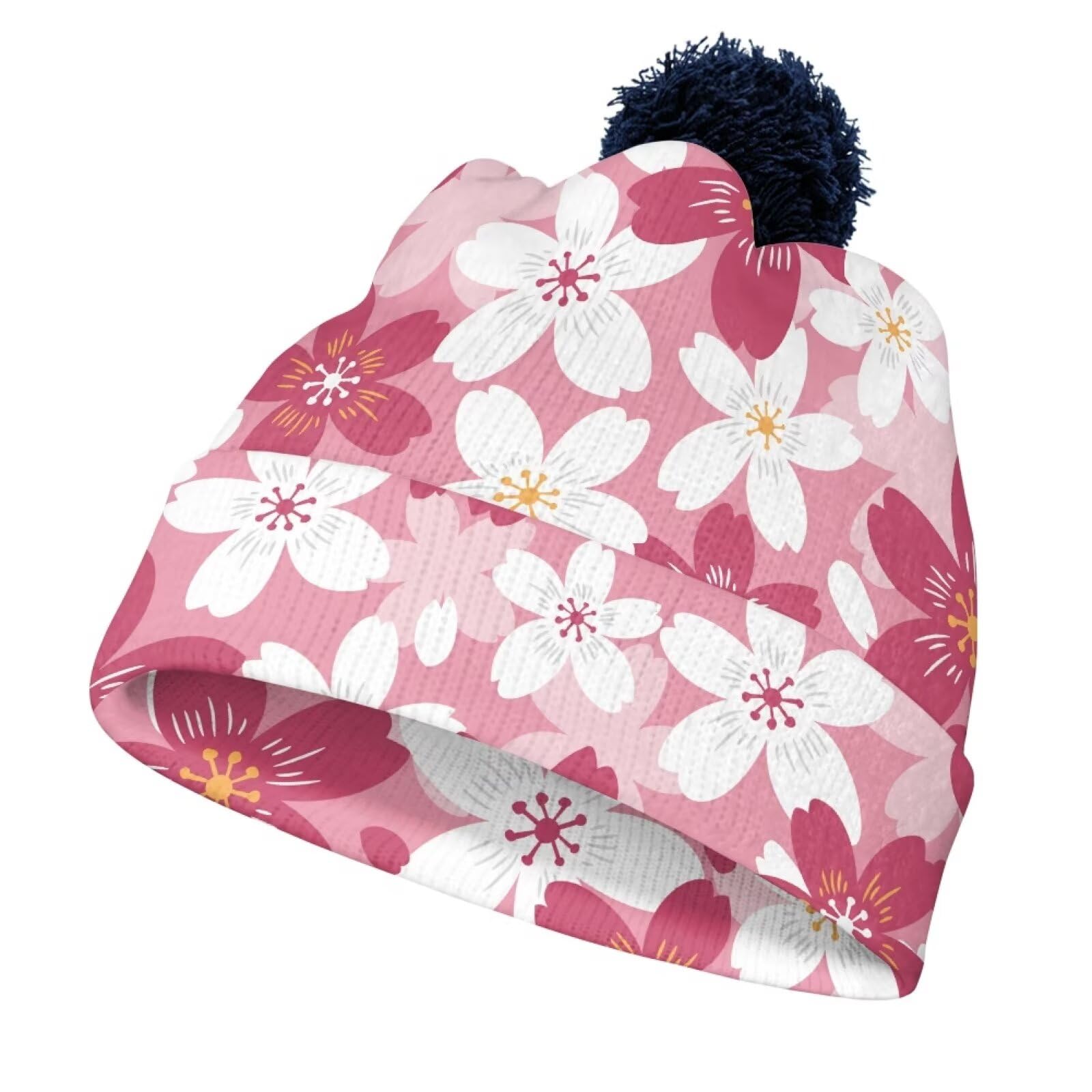 Hechitok Knit Winter Cherry Blossom Beanie Hats, Beanie Knit Soft Warm Cuffed Hat for Girls Boys for Work Vacation Spring Autumn, Blue Ball