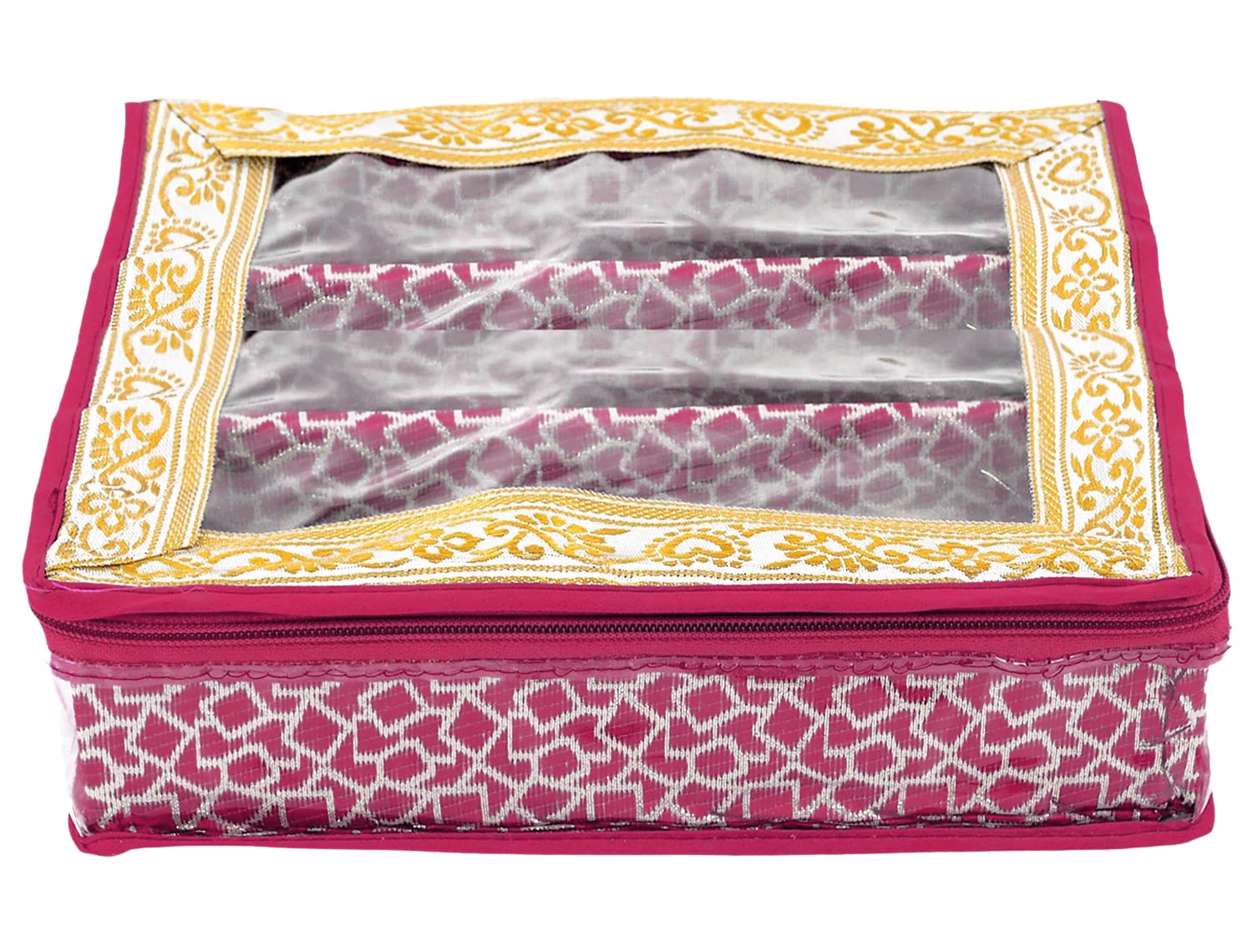 Kuber Industries Multi Saqare Design Laminated 3 Rod Box, Organizer For Bangle, Watches, Bracelets, Jewellery With Tranasparent Top (Pink)-47KM0298