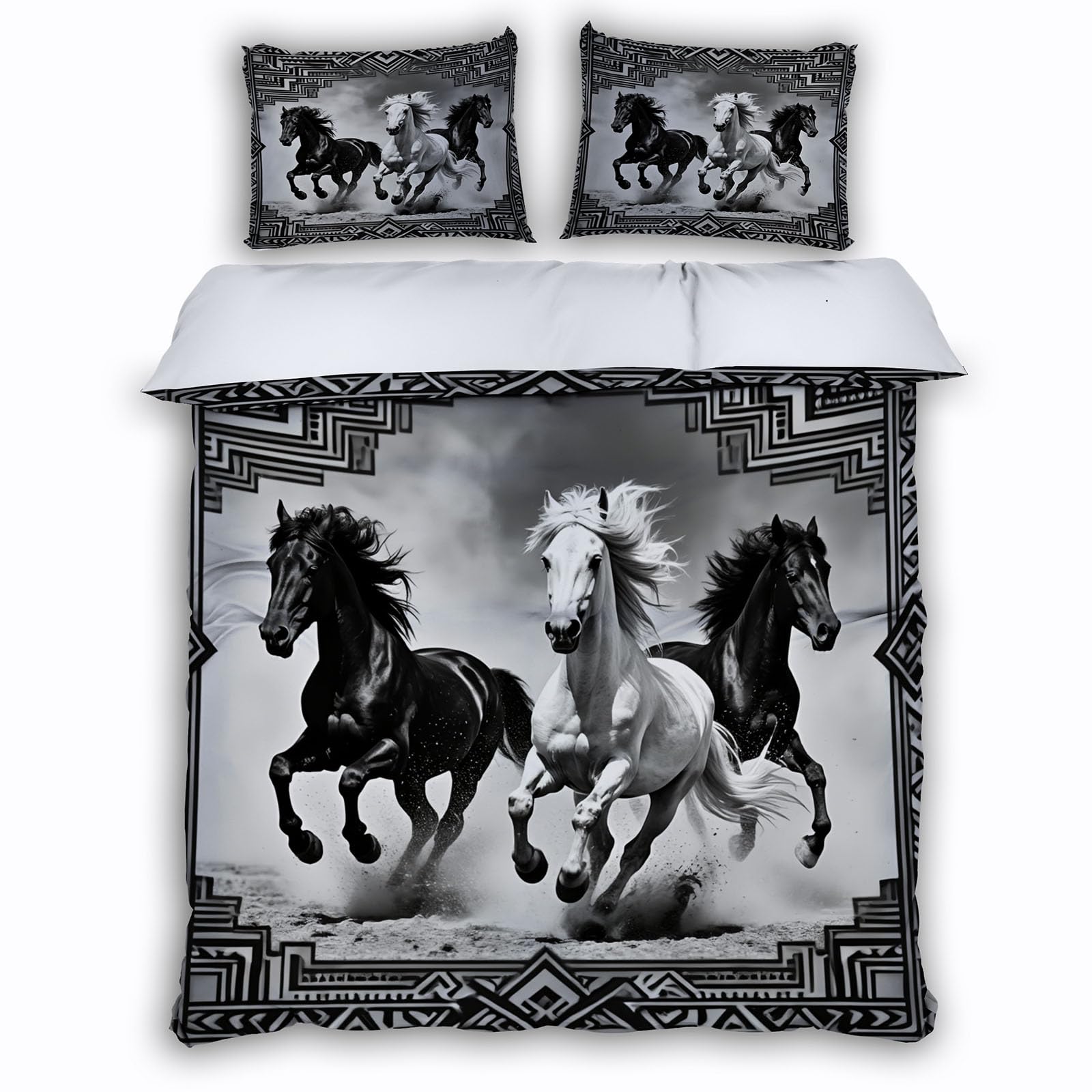 Housse de Couette Cheval 2 Personnes 220x240 Parure de Lit 3 Pièces Animaux