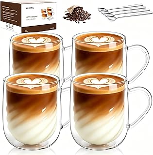 Latte Macchiato Gläser Doppelwandig 350ml 4er Doppelwandige Kaffeegläser Teegläser mit Henkel und Löffeln Borosilikatglas Thermogläser Doppelwandig für Cappuccino Tee Espresso Milch Bier