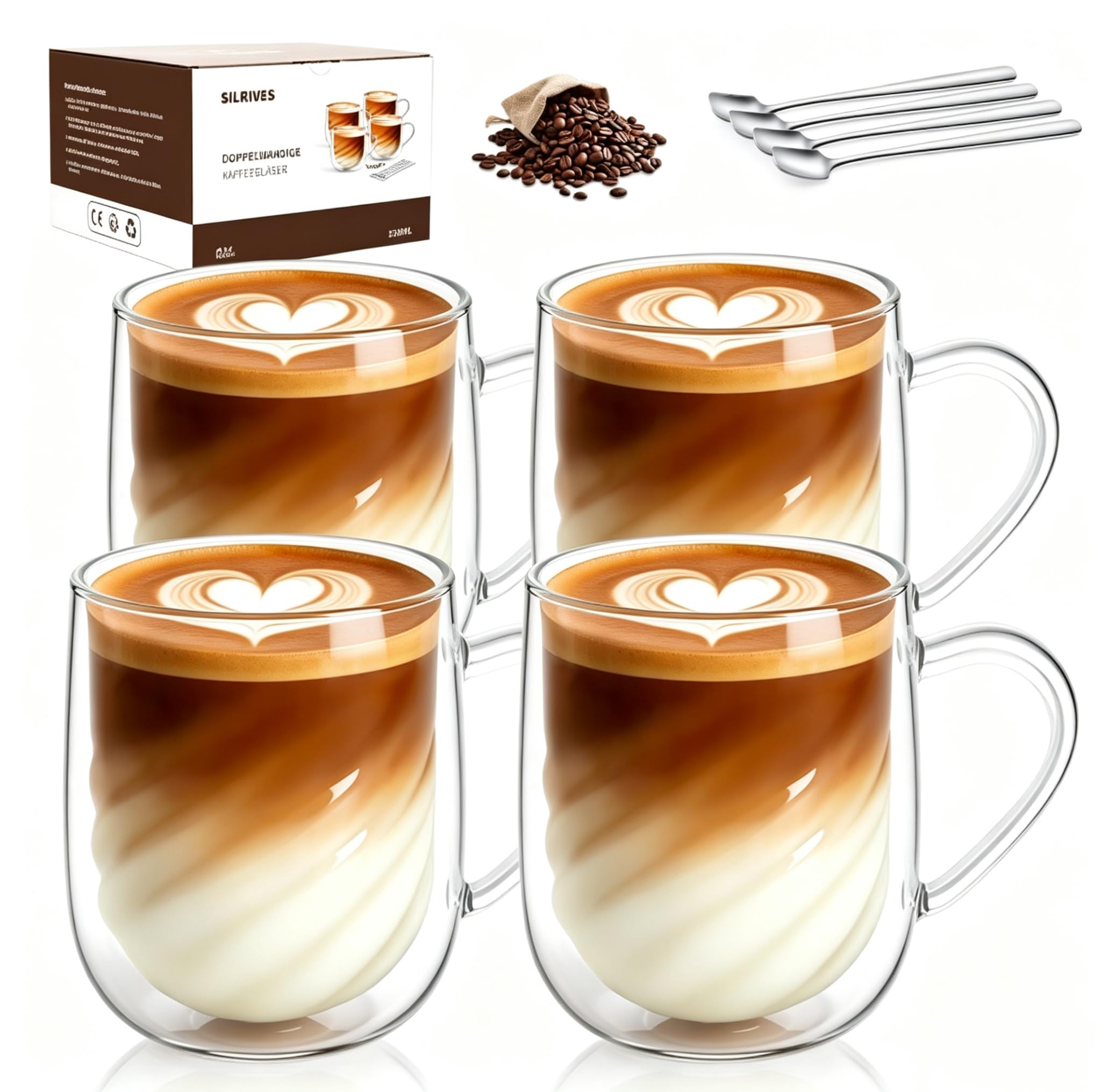 Latte Macchiato Gläser Doppelwandig 350ml 4er Doppelwandige Kaffeegläser Teegläser mit Henkel und Löffeln Borosilikatglas Thermogläser Doppelwandig für Cappuccino Tee Espresso Milch Bier