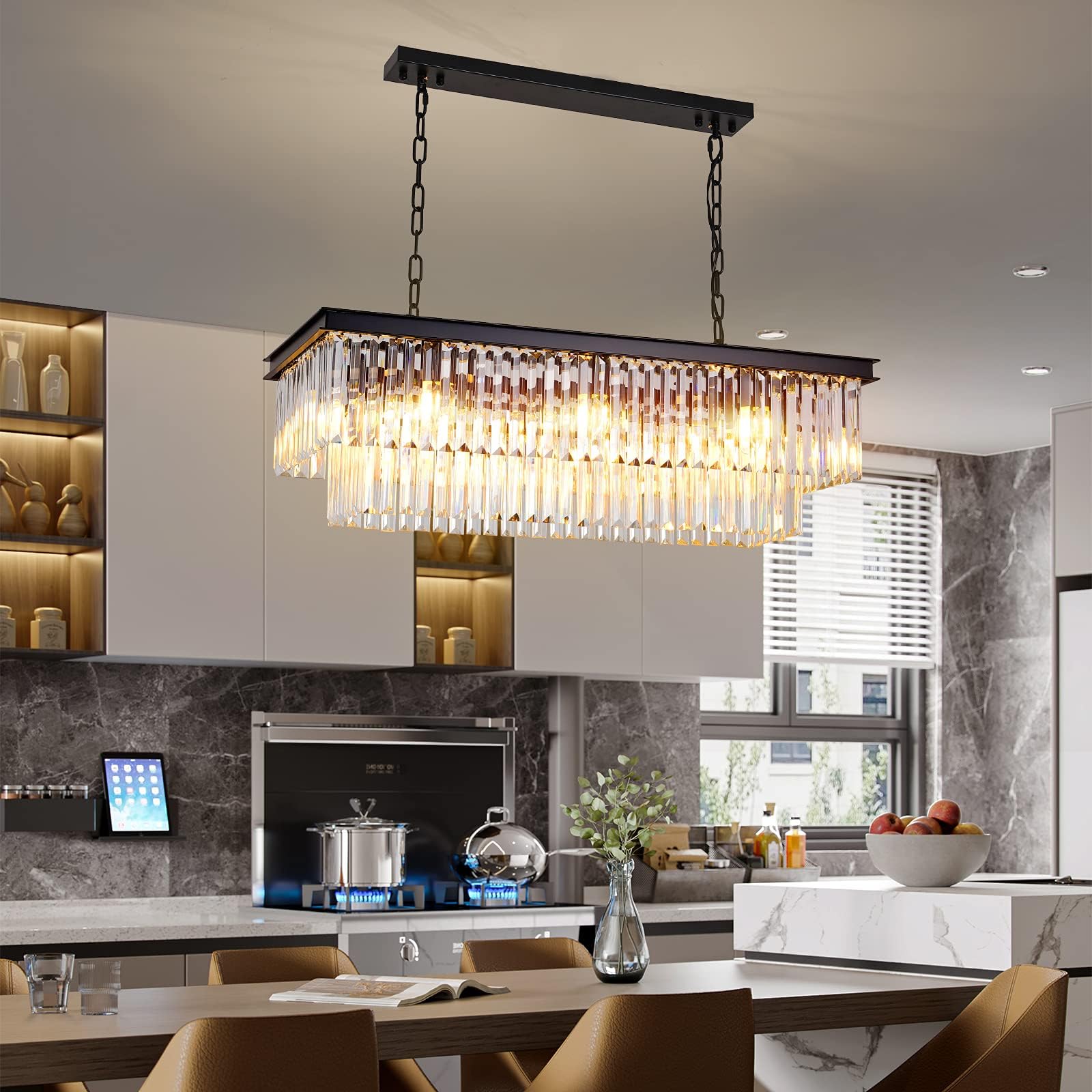 Moderner schwarzer ovaler Kristall-Kronleuchter, E14×8 Lampen, rechteckige große Kristall-Pendelleuchte für Schlafzimmer, Esszimmer,Eingangsbereich, L80cm