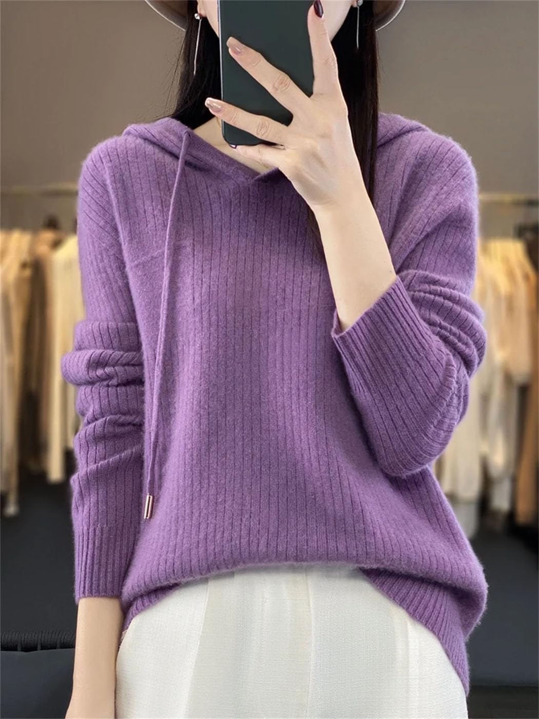 Women's Sweater Casual Hoodie 100% Merino Wool Solid Long Sleeve Drawstring Knitted Pullover Fall Winter Tops