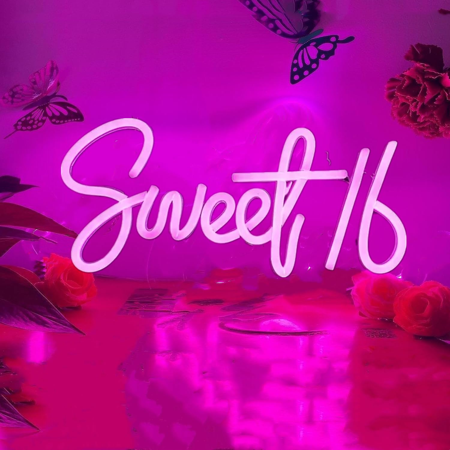 HFHungkeong LED Pink Sweet 16 Neon Signs 17x7in Dimmable Arylic Neon Lights for Teens Girls Daughter Birthday Party Bedroom Wall Window Decor,Pink Decorative Night Light for Birthday Gifts