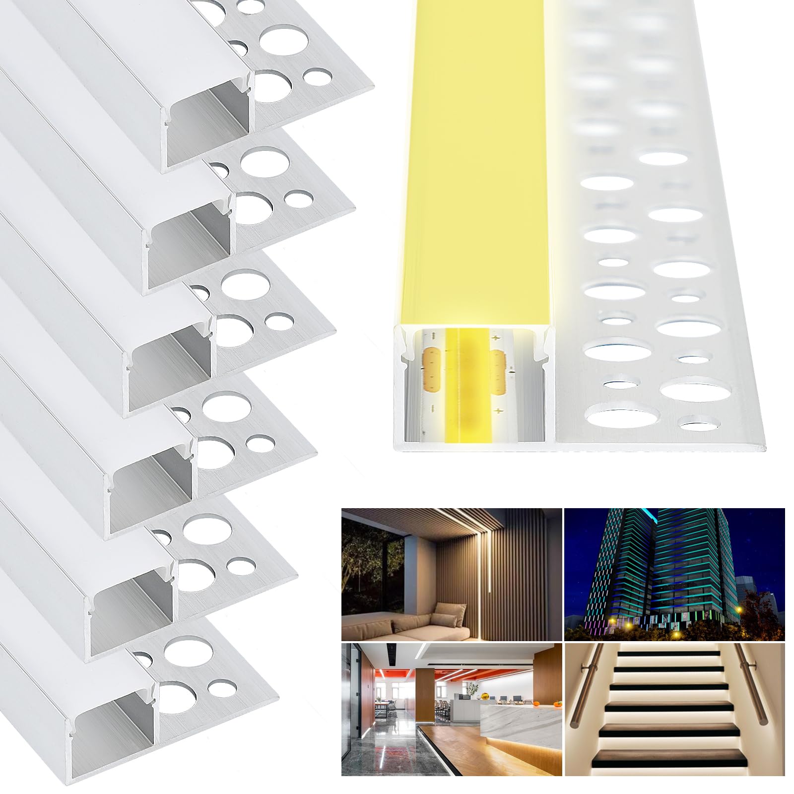 Profilo LED,6x Profili per Strisce Led a Scomparsa da 1 METRI con Diffusore - (6 Metri Totali) - Profilo a Incasso da Parete e Soffitto per Striscia LED in Alluminio