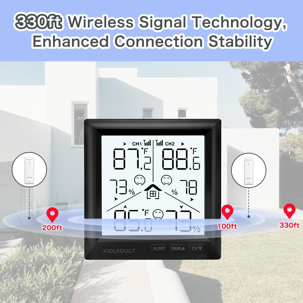 KIDLEDUCT Indoor Outdoor Wireless Thermometer showing 330ft wireless signal range