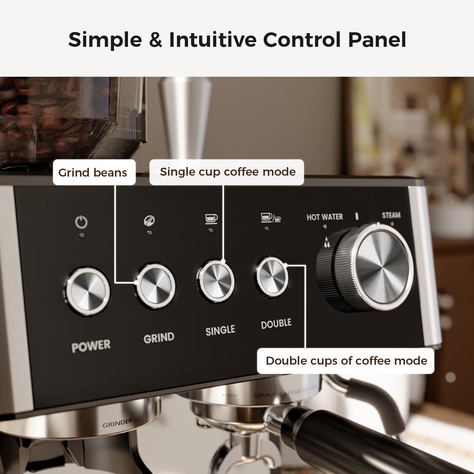Kismile - Macchine per espresso con frantoio, macchina per caffè espresso professionale da 15 bar con serbatoio dell'acqua rimovibile, funzione acqua calda, montalatte asta di vapore per