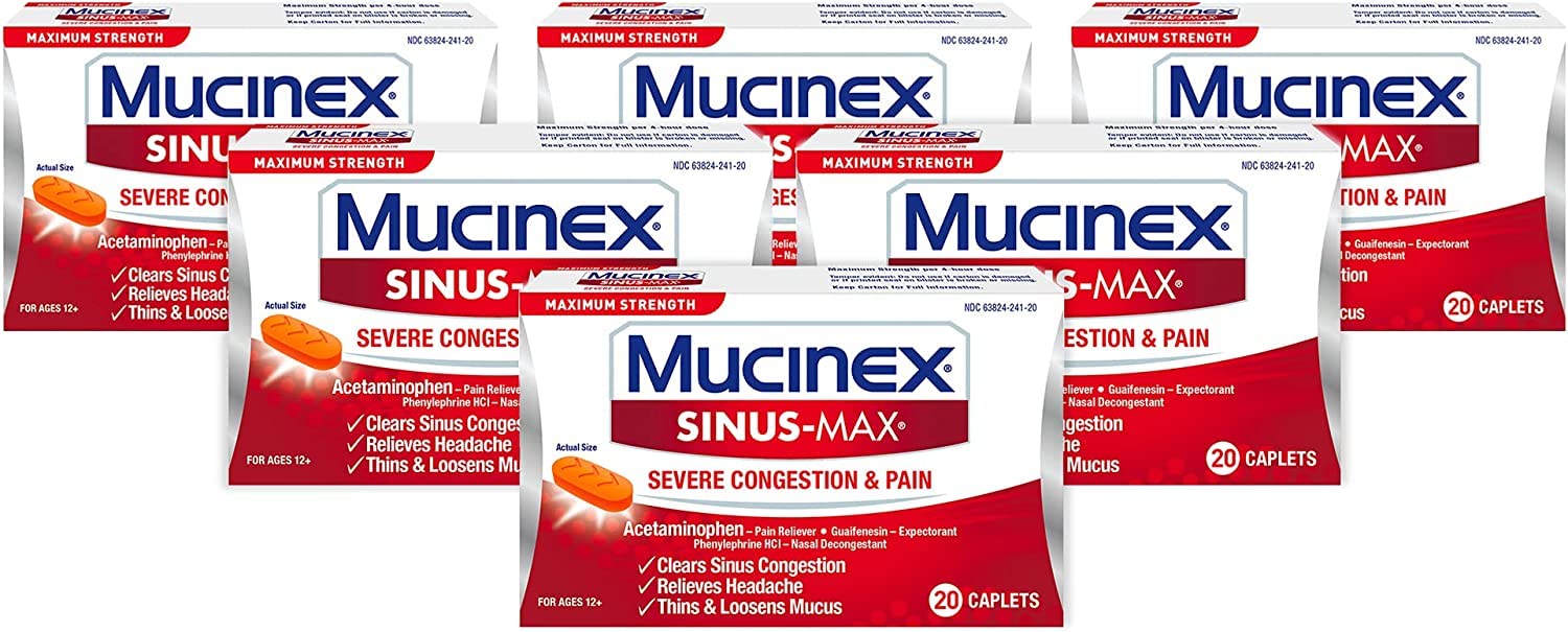 Sinus-Max Maximum Strength Severe Congestion & Pain, Sinus Symptom Relief, Pain Reliever, Expectorant and Nasal Decongestant, 20 Caplets (Pack of 6)