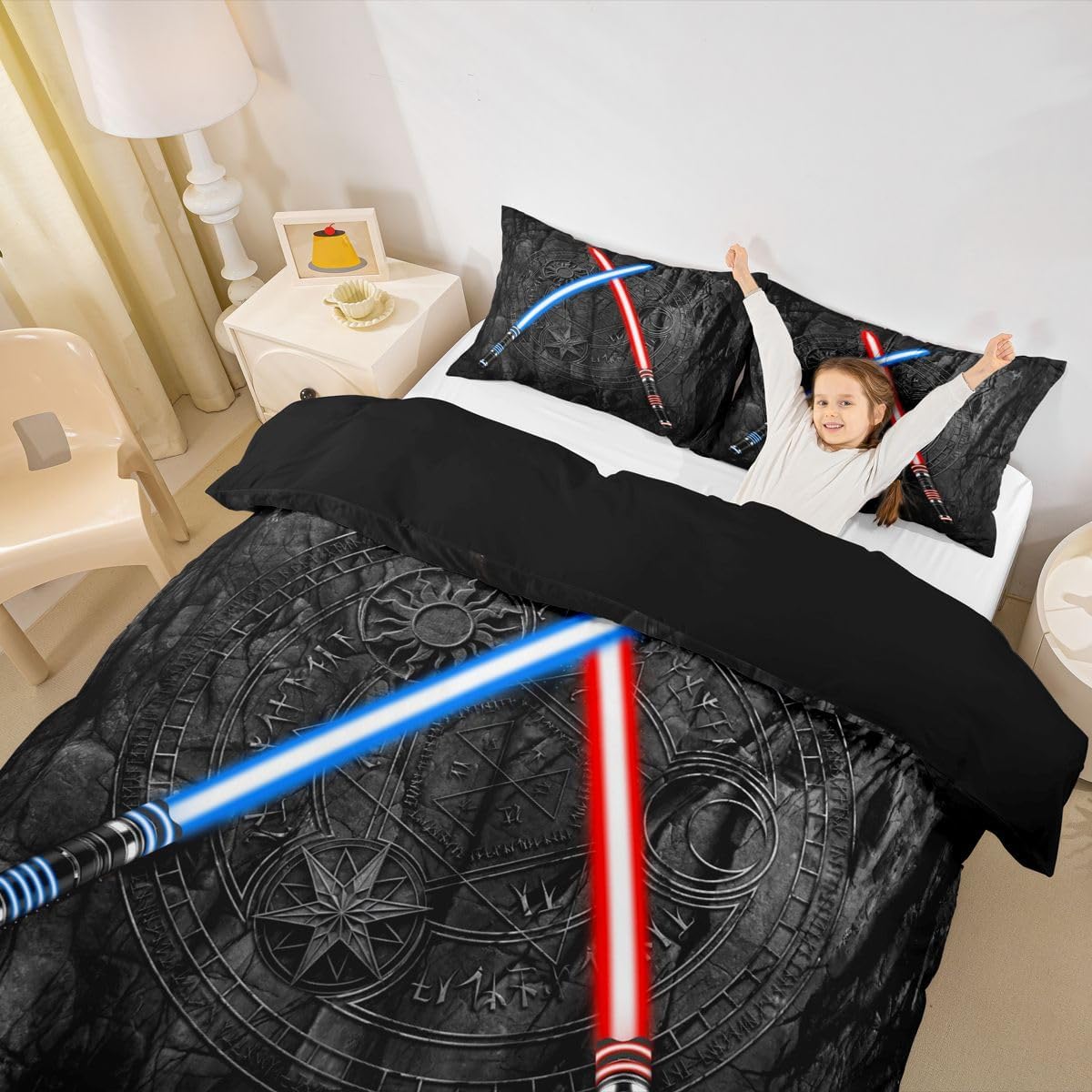 Lightsaber Duvet Cover Set Full Size 3D Neon Blue Red Bedding Set 3Pcs Geometric Sun Moon Round Comforter Cover for Kids Boys Girls Teens Room Decor Fashion Vintage Stone Wall Quilt Cover,Black