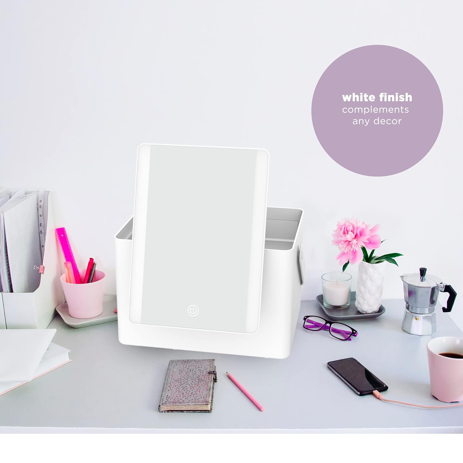 Conair Lighted Makeup Mirror, Makeup Organizer with Mirror, Storage Box, Battery Operated in Glossy White