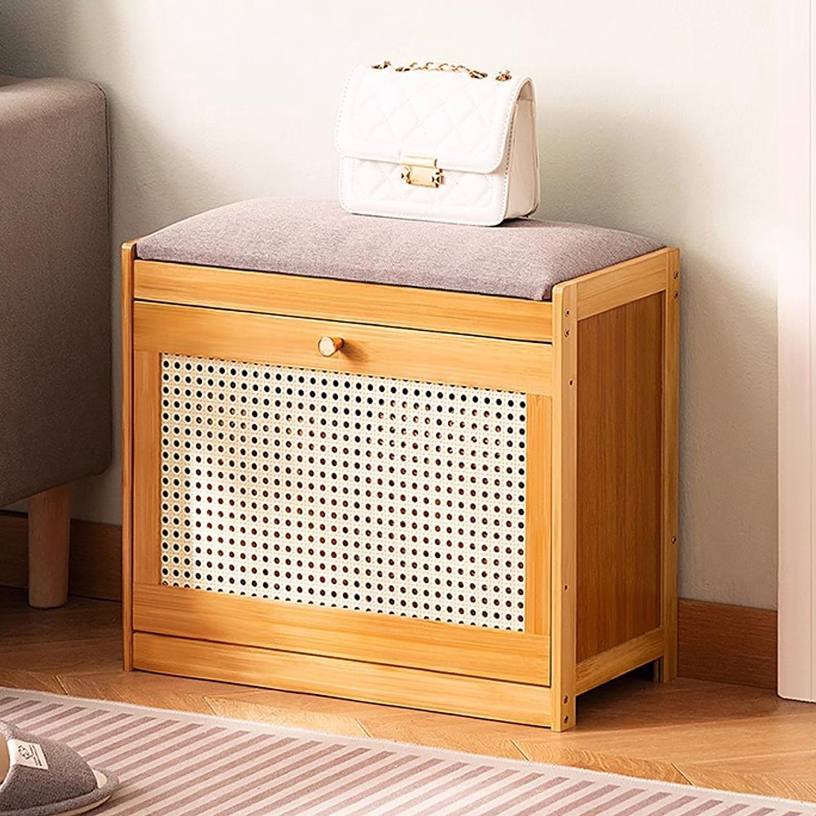 GDMDPTE 2 Tier Shoe Storage Bench with Cushioned Seat Wooden Entryway Cabinet for Hallway Bedroom and Closet Stylish and Functional Footwear Storage Solution