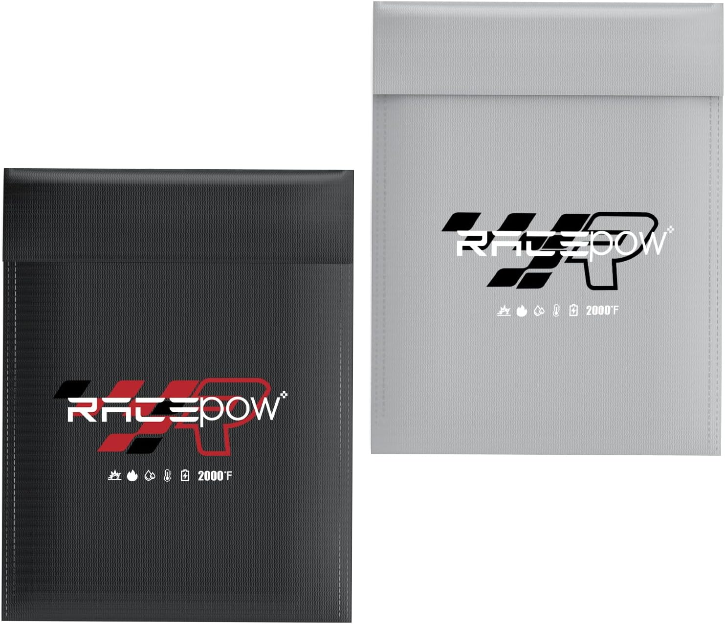 RACEPOWLipo Safe Bag Fireproof Document Bag Explosion-Proof Lipo Battery Bag Organizer Safe Storage Battery Valuables Cash Documents 2 Packs (Black & Silver)