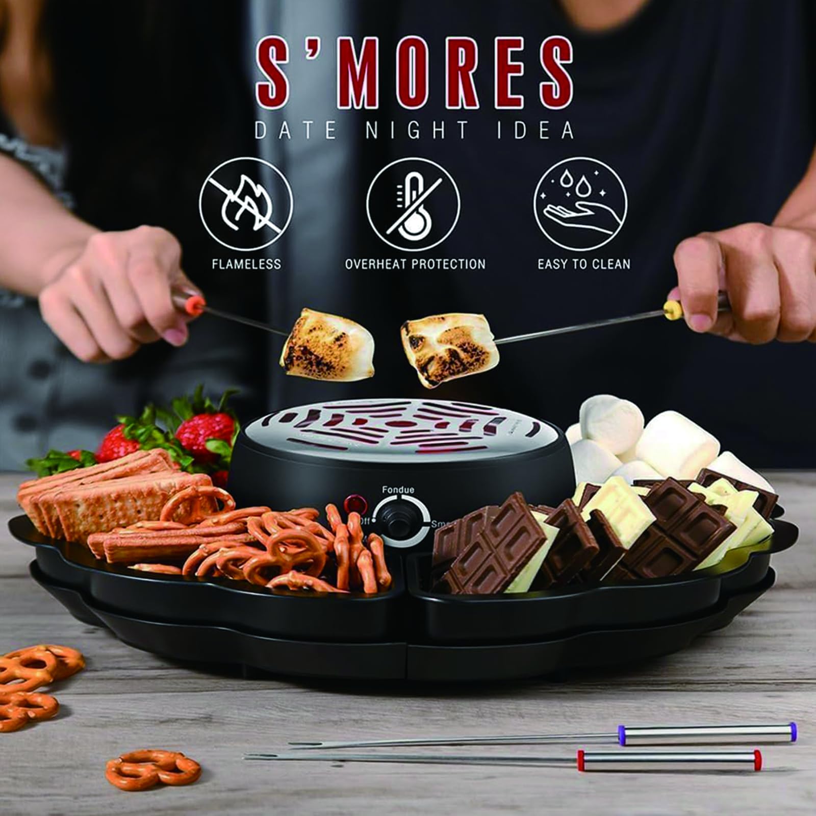 Set 2-en-1 S'Mores & Fondue de Chocolate – Tostador Eléctrico de Malvaviscos de 280W con Control de Temperatura & 14 Accesorios, Kit Indoor para S'Mores para Fiestas, Noches de Cine & Regalos