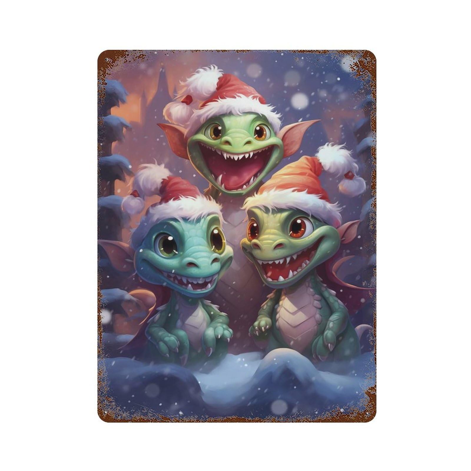 Xmas Dragon Family Rust Effect Tin Sign 15.7"x11.8", Novelty Wall Decor for Garage, Pub Or Kitchen