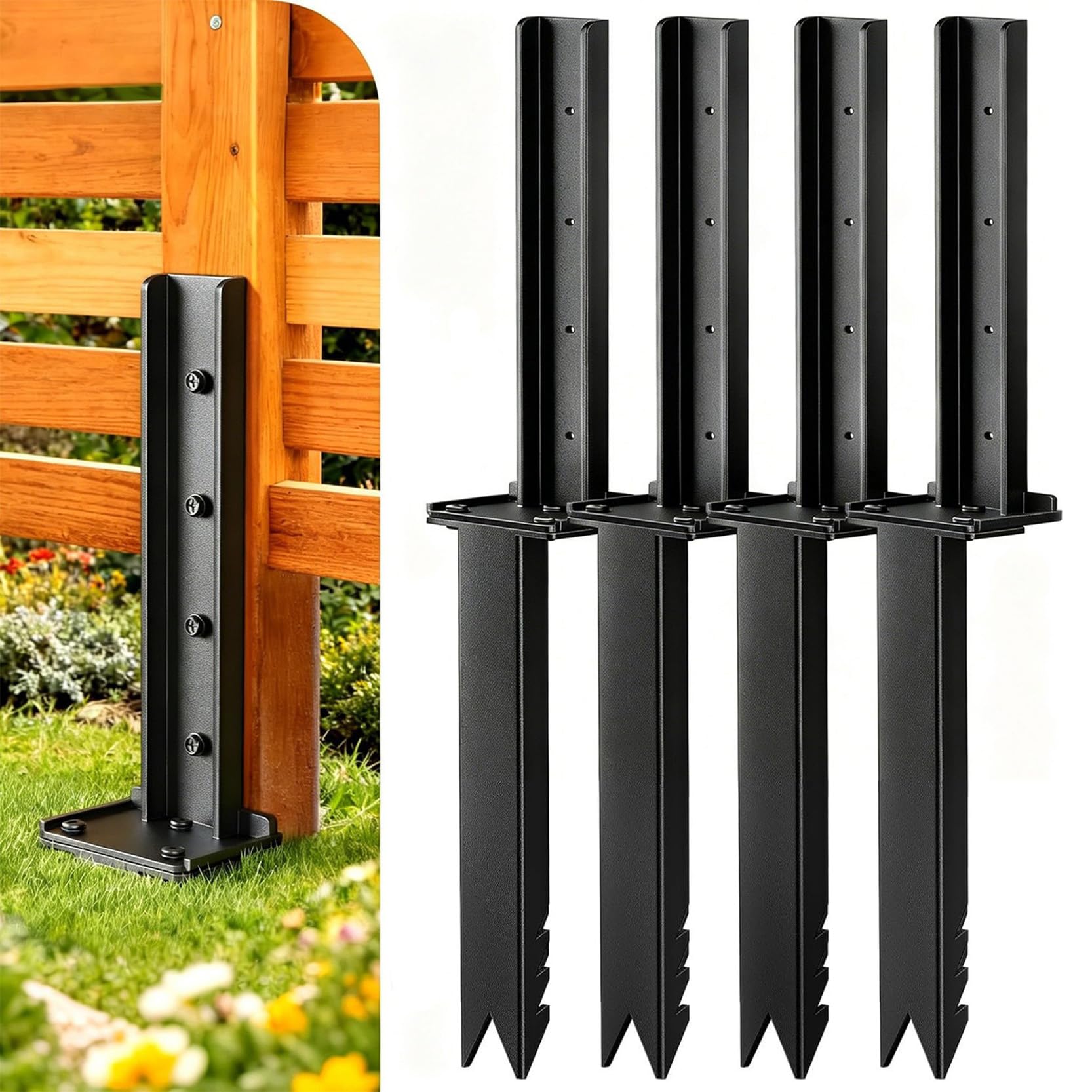 GOUZIBHD Black Fence Post Repair Kit, Heavy Duty Steel Fence Post Repair Stakes for Fixing Leaning Broken Wooden Posts, No Dig Ground Spike, Mailbox Deck Posts(Size:4 Pack)