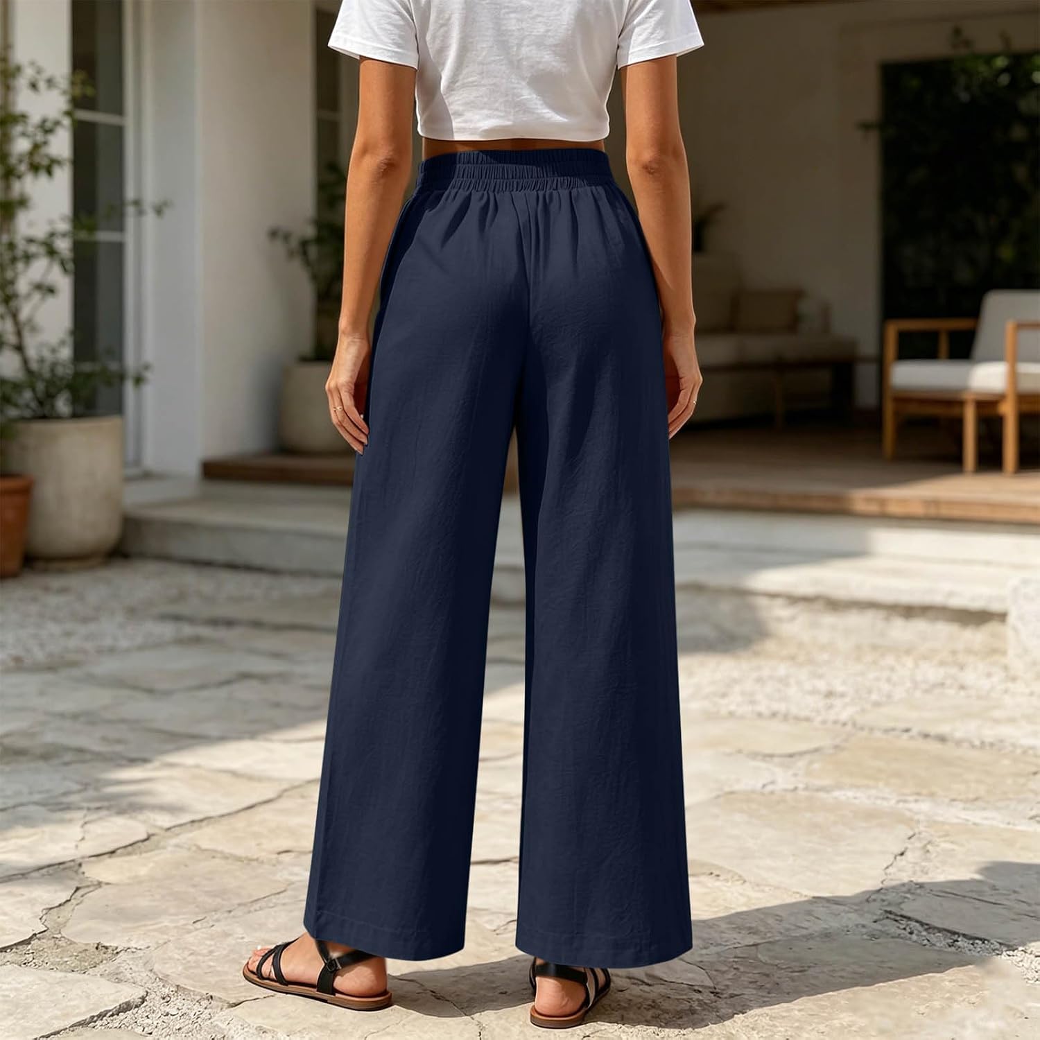 Womens Baggy Wide Leg Palazzo Pants Casual High Elastic Waisted Summer Trousers with Pocket Solid Color Spring Pant