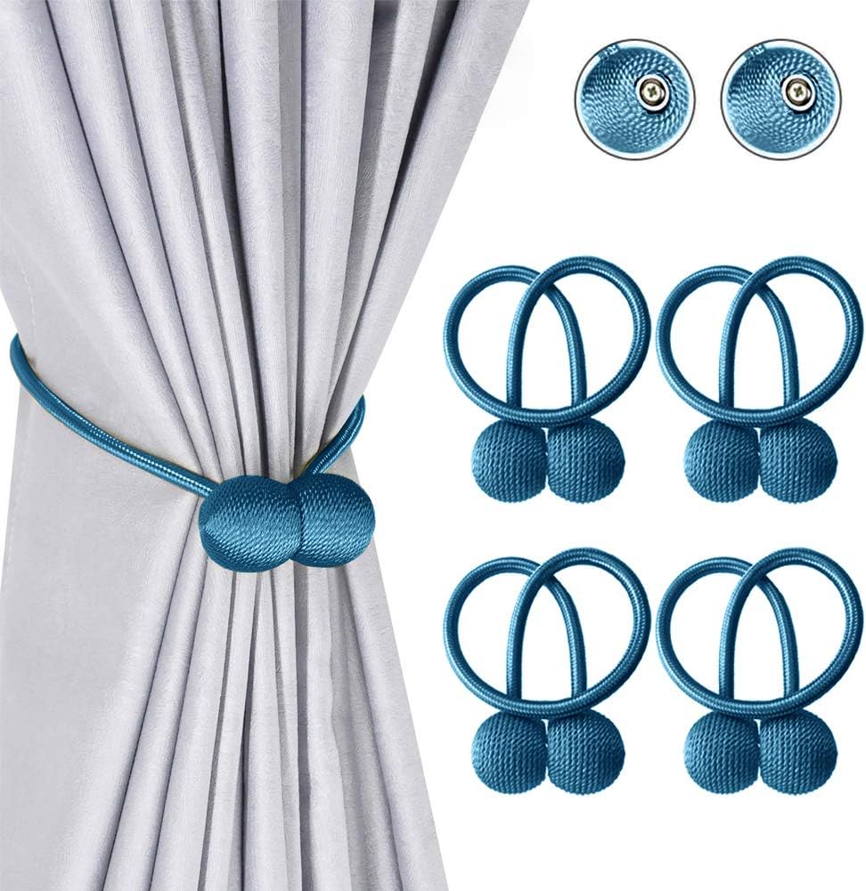 Magnetic Curtain Tiebacks 4 Pack Curtain Rope Holdbacks Holder Drape Tie Backs Clips for Home Kitchen Office Window Decorative Drapes Curtain Classic Tiebacks Design (Blue)