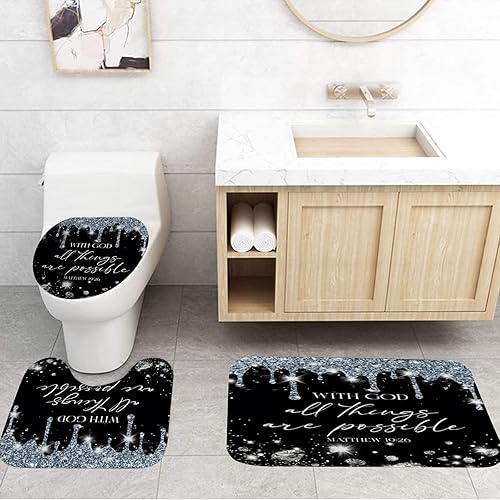 Miniatura 4 de Juego de 4 cortinas de ducha de diamantes negros y plateados con alfombras y cubierta de tapa de inodoro, versículo bíblico blanco y negro, juego de
