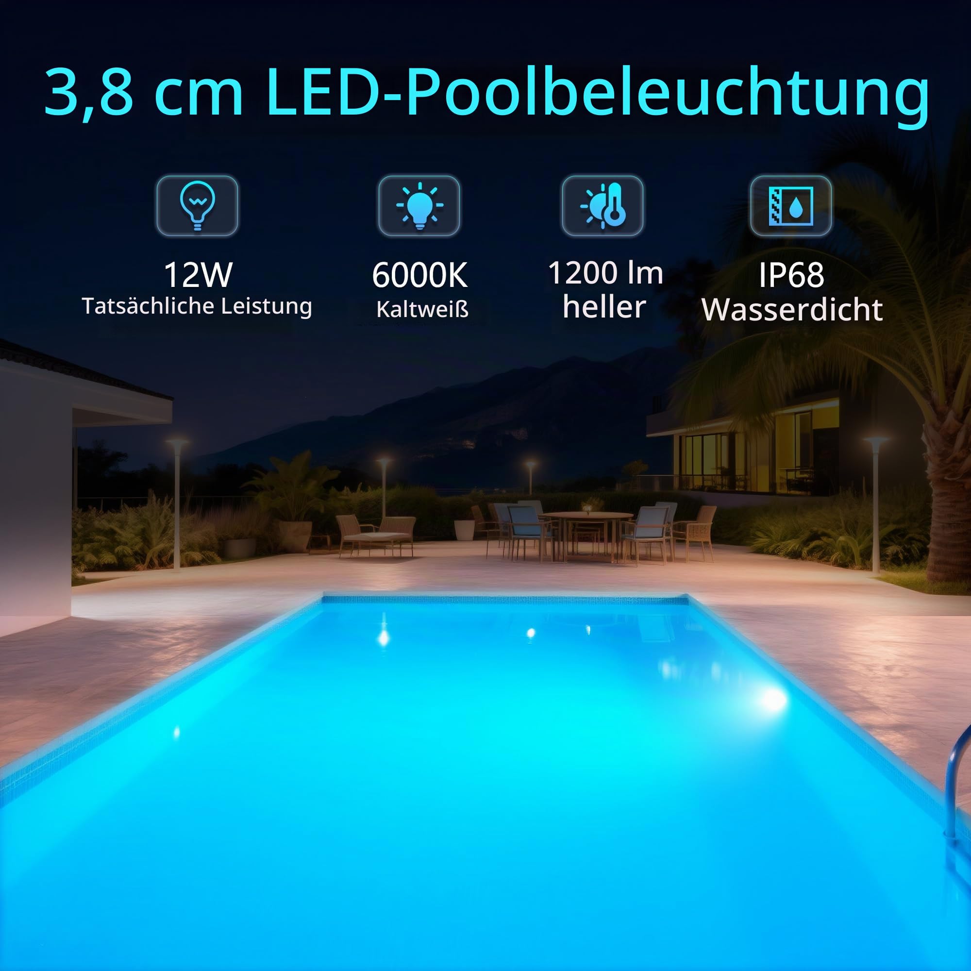 LED Poolscheinwerfer mit 1,5" Außengewinde, 12W Harz Gefüllt Poolbeleuchtung 6000K Nicht Dimmbar, 1200lm, Ø190mm, 12V AC/DC Unterwasser LED Poollampe für Einbaunische 1 1/2 Zoll der Beckenwand