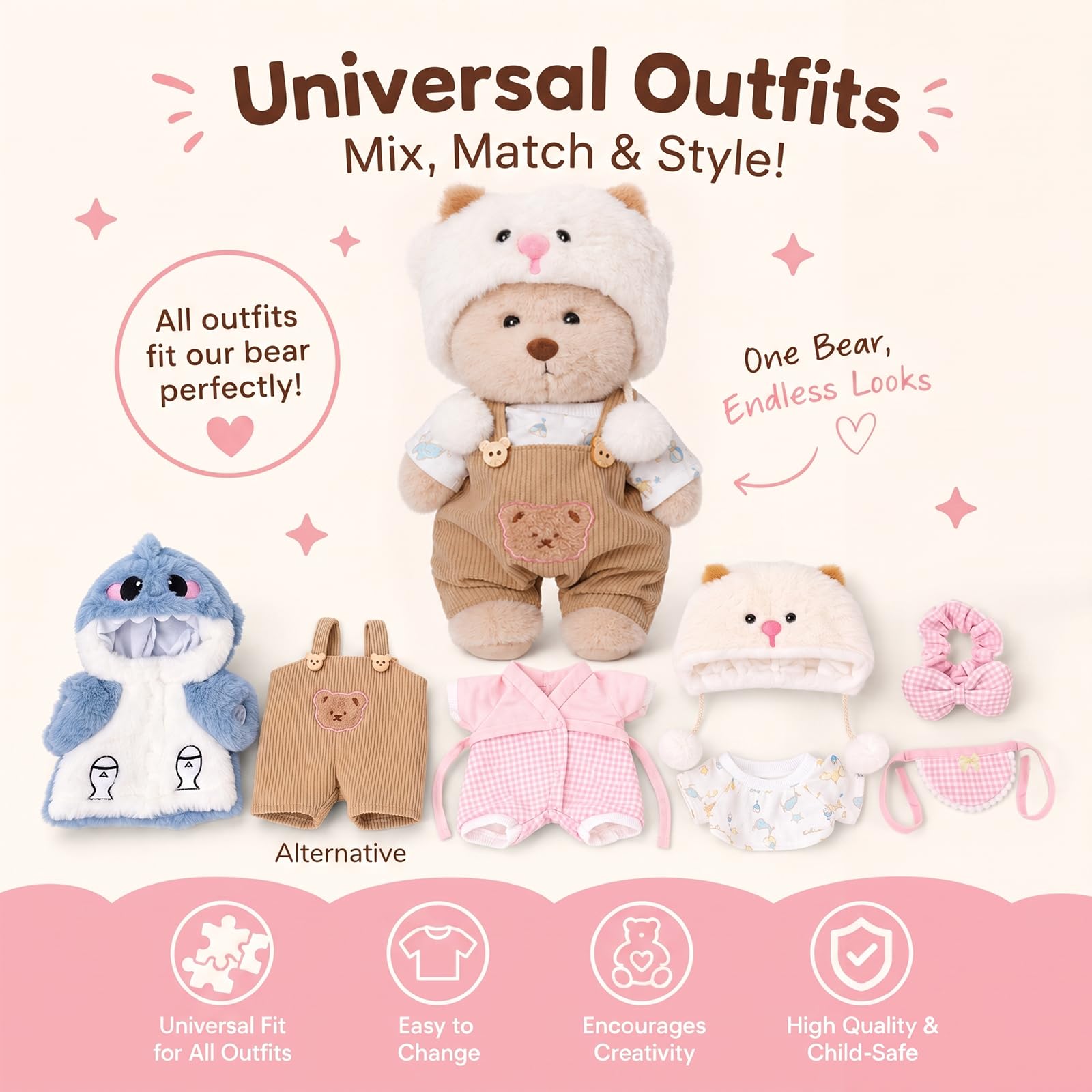 Teddy Angels Orsacchiotto di peluche da 30 cm, con un capo di abbigliamento, regalo per bambini, ragazze, donne, compleanno, (vestito di agnello marrone)