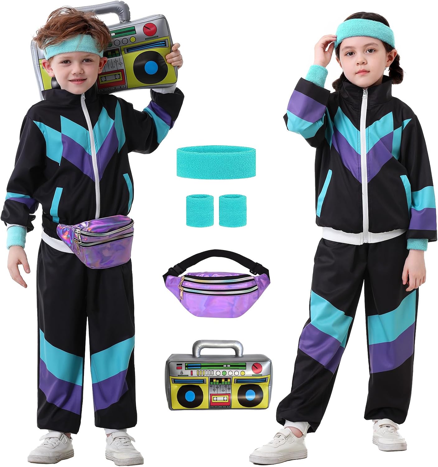 Kids 80s 90s Costume Outfit for Boys Girls 6Pcs Unisex Toddler Tracksuit