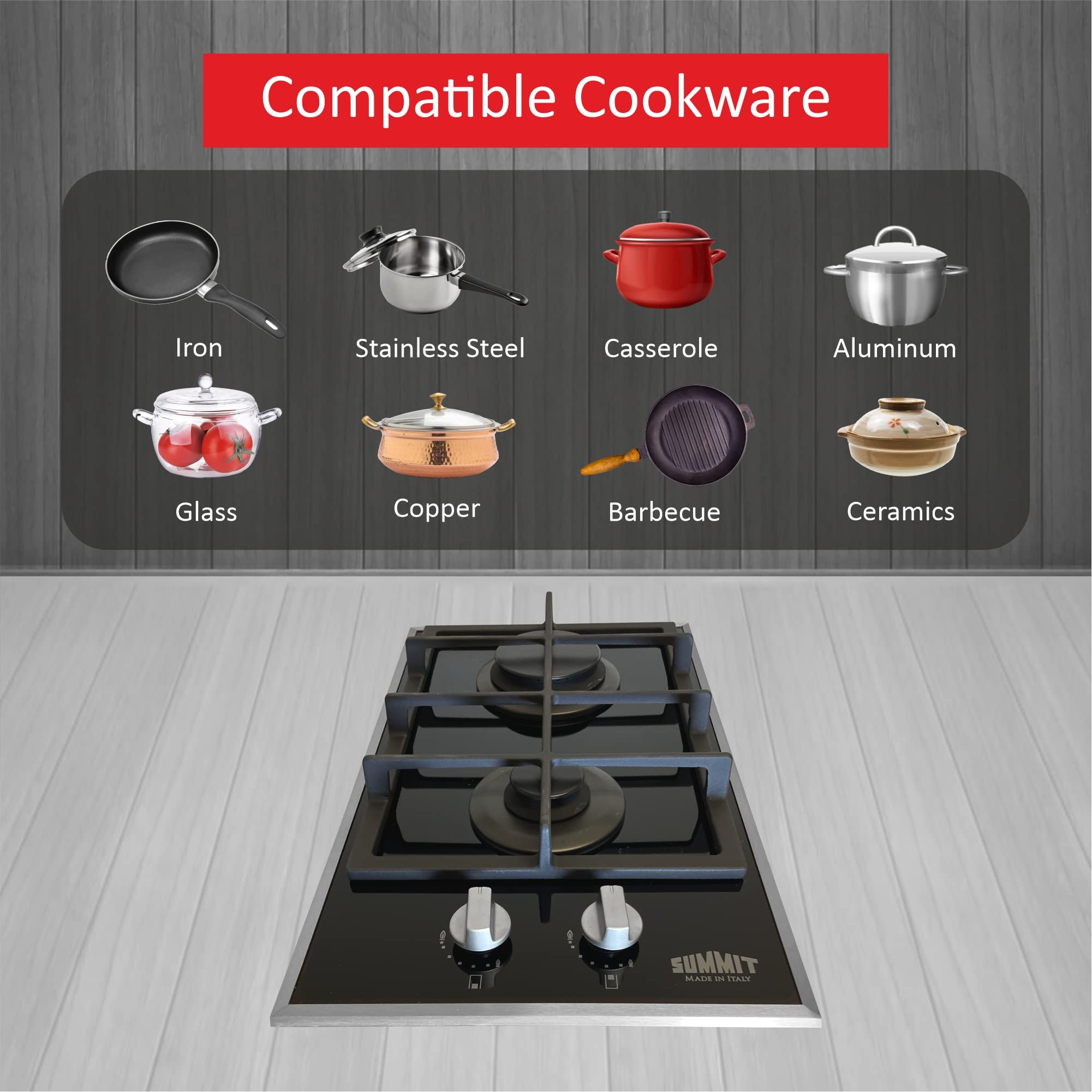 Stainless Steel Gc2bgl Summit GC2BGL 2-Burner Gas-On-Glass Cooktop