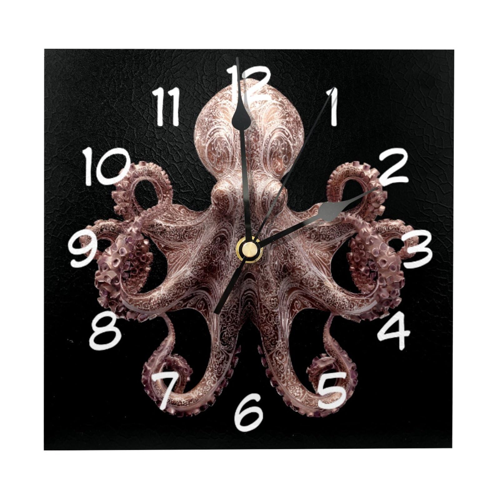 etoenbrc 8 Inch Square Wall Clock Silent Non-Ticking Octopus Black Background Clock Battery Operated, Wooden Clock Decorative for Kitchen, Living Room Bedroom Office