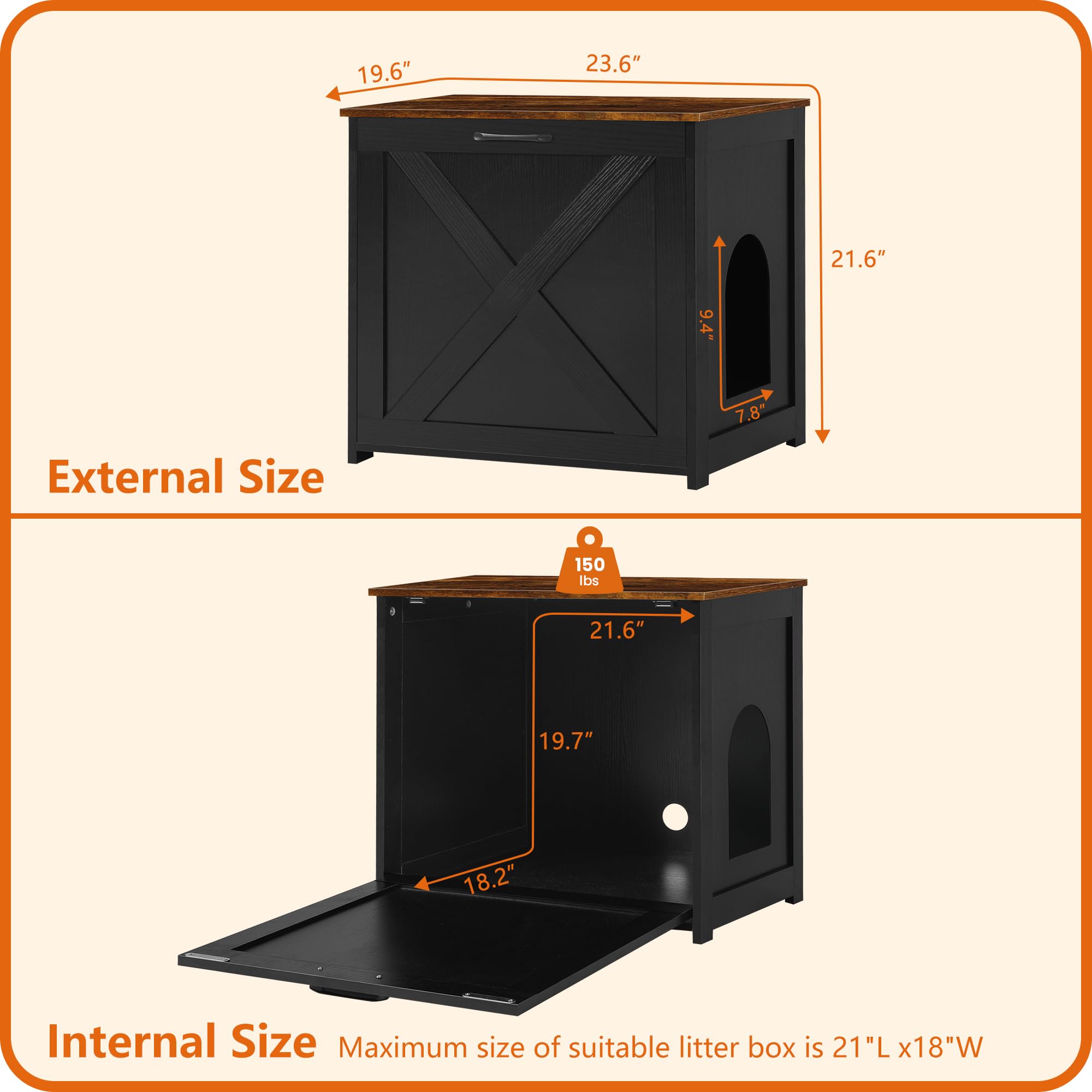 Dwanton Cat Litter Box Furniture Hidden, Cat Litter Box Enclosure, Reversible Entrance Can Be on Left or Right Side, Indoor Cabinet, Wooden Washroom, Nightstand, Black and Rustic Brown, 23.6" L - image 4