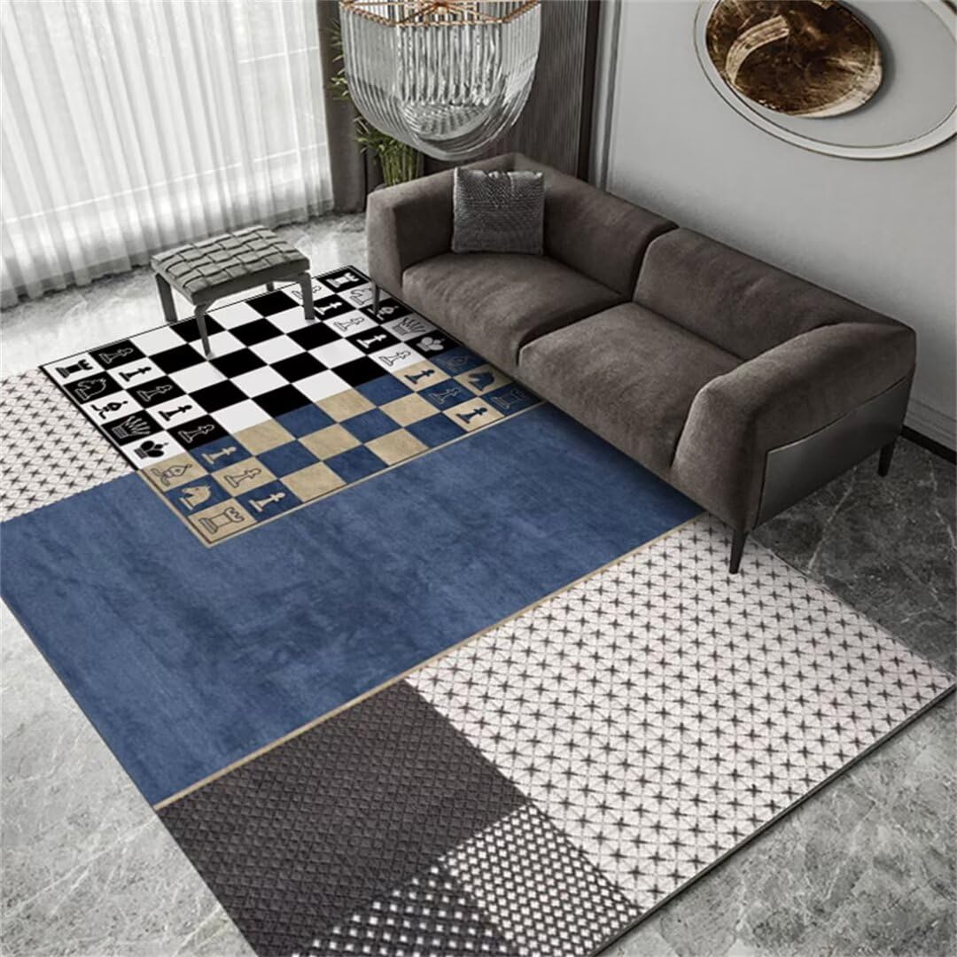Tapis à poils courts lavable en machine tapis et moquettes bleu motif damier