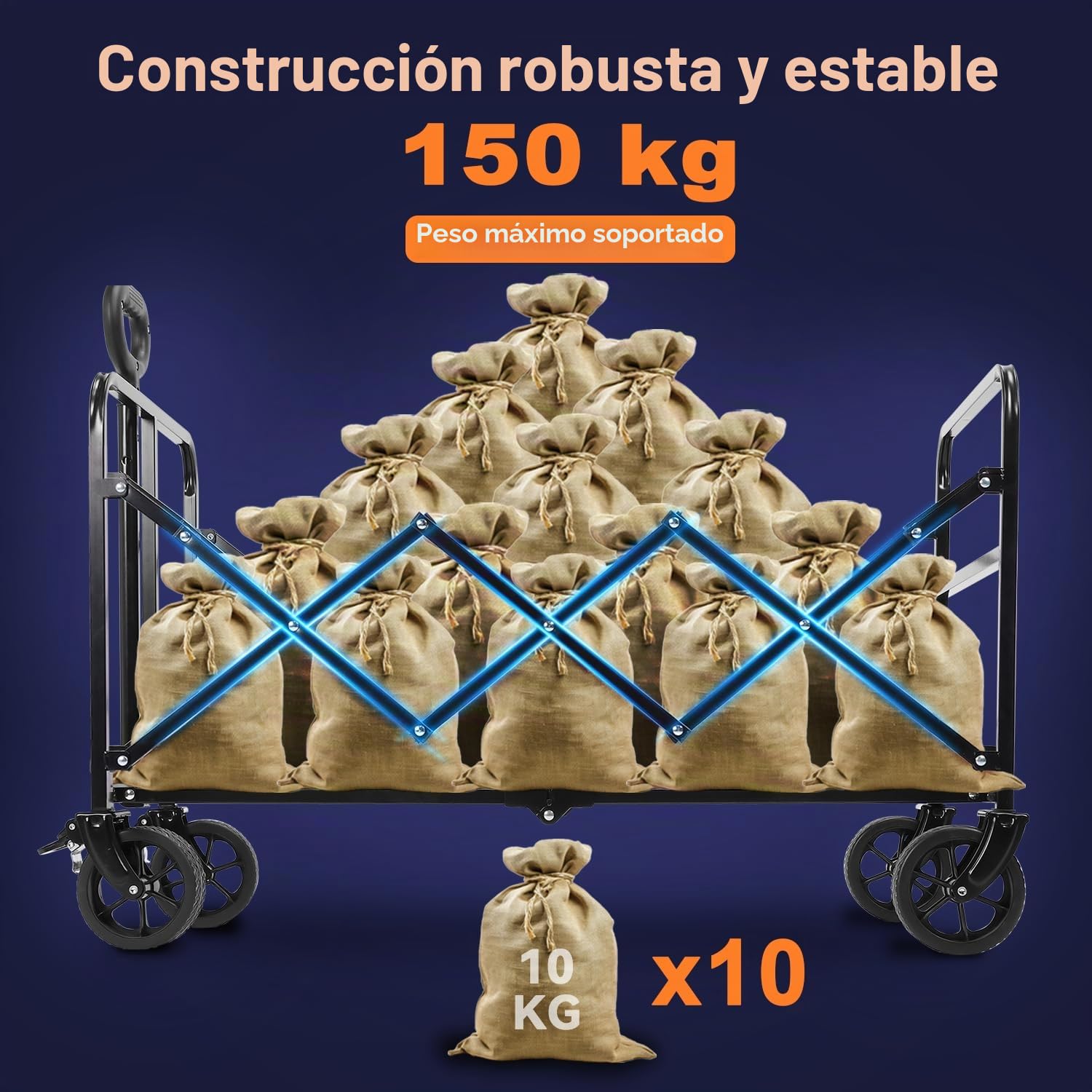 Carro Plegable de Mano, ACELIFE 150L Carrito Plegable con Ruedas con Mango Ajustable, Ruedas Todoterreno Capacidad de Carga de 150 kg para Camping, jardín, Exterior