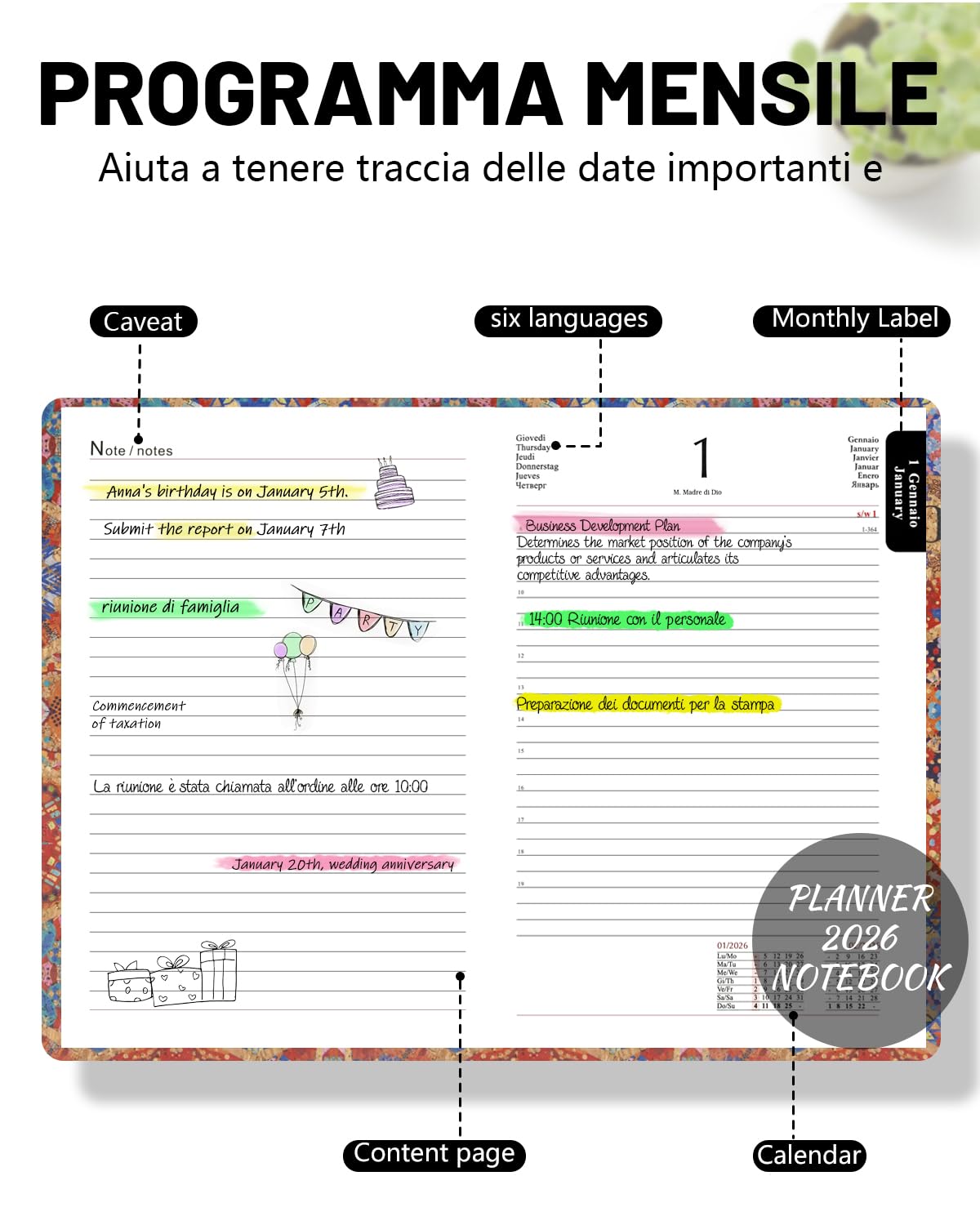 （Gen.-Dic.2026）HW CASA Agenda Giornaliera 2026 Formato A5, Festività Multilingue (DE/IT/ES/EN/FR),Gennaio-Dicembre 2026