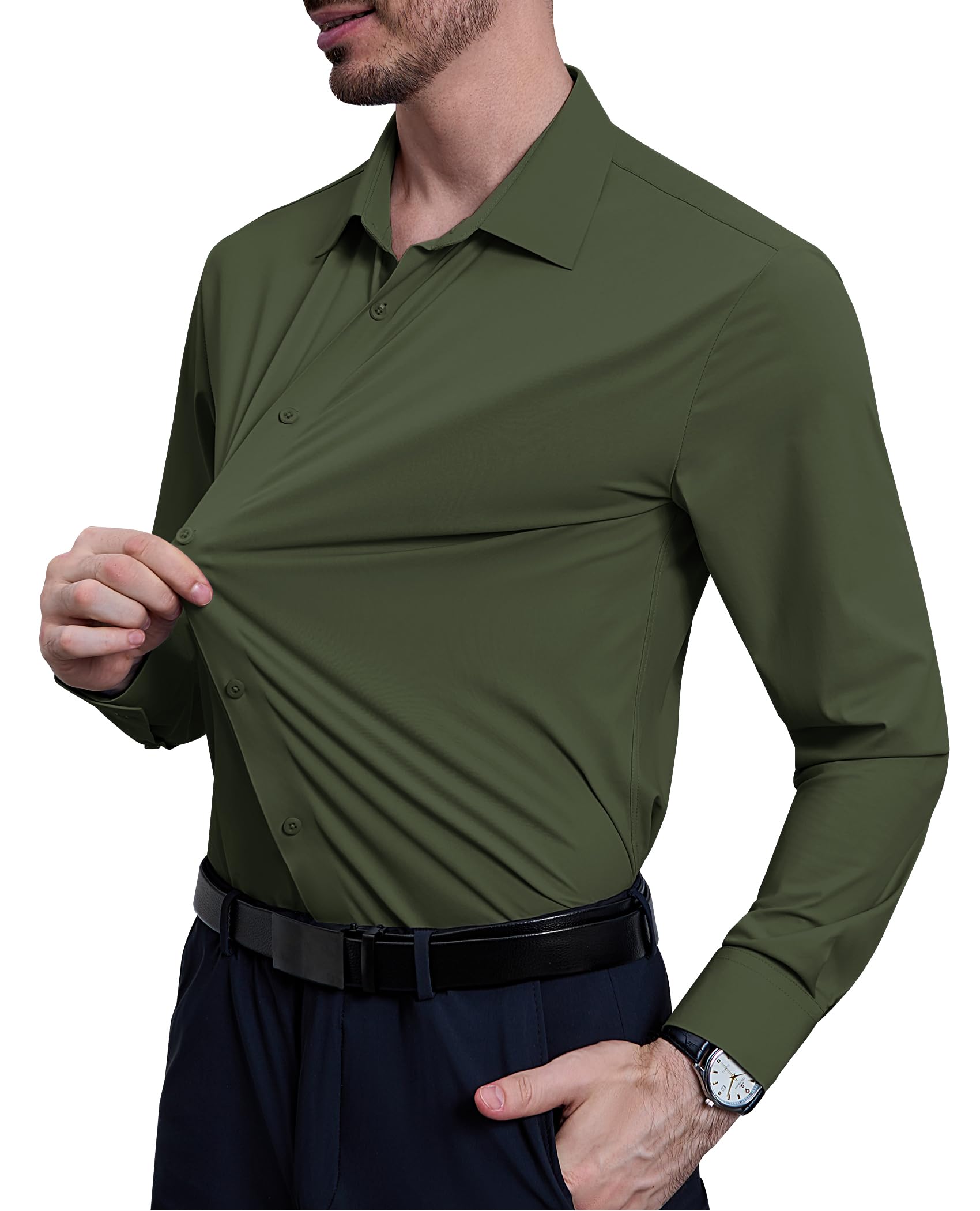 DEMEANOR Camisa elástica de manga larga para hombre, ajustada, para trabajo y tiempo libre, sin necesidad de planchado