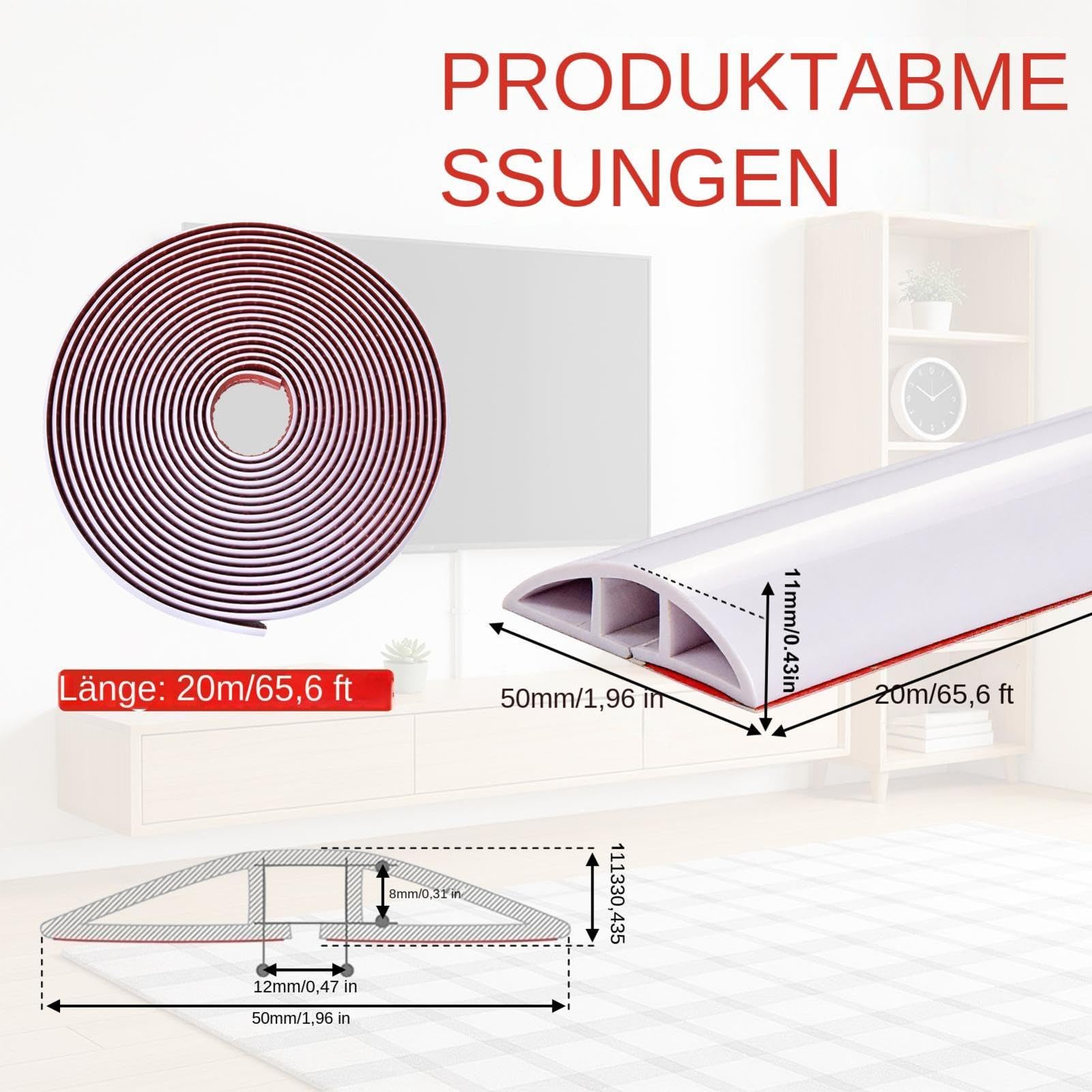 Kabelkanal Boden 20m Rolle 5cm breit Selbstklebende Kabelleiste flach PVC Kabelabdeckung zuschneidbar rutschfest für Homeoffice Wohnzimmer Garage Weiß