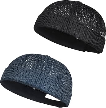 2 Pack Mens Breathable Brimless Docker Hat, Adjustable Lightweight Mesh Skull Cap for Summer Outdoor Wear