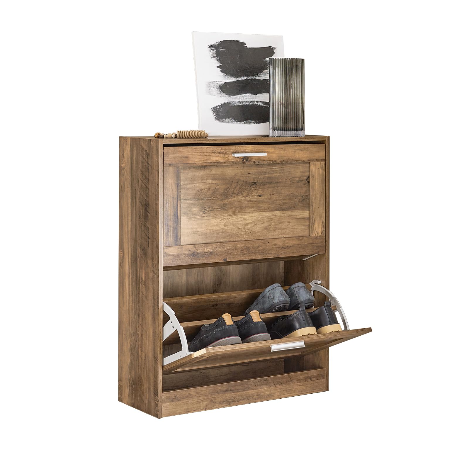 haotian shoe storage cabinet entryway, slim shoe rack 2 flip-drawers, shoe cupboard for hallway brown fsr137-f