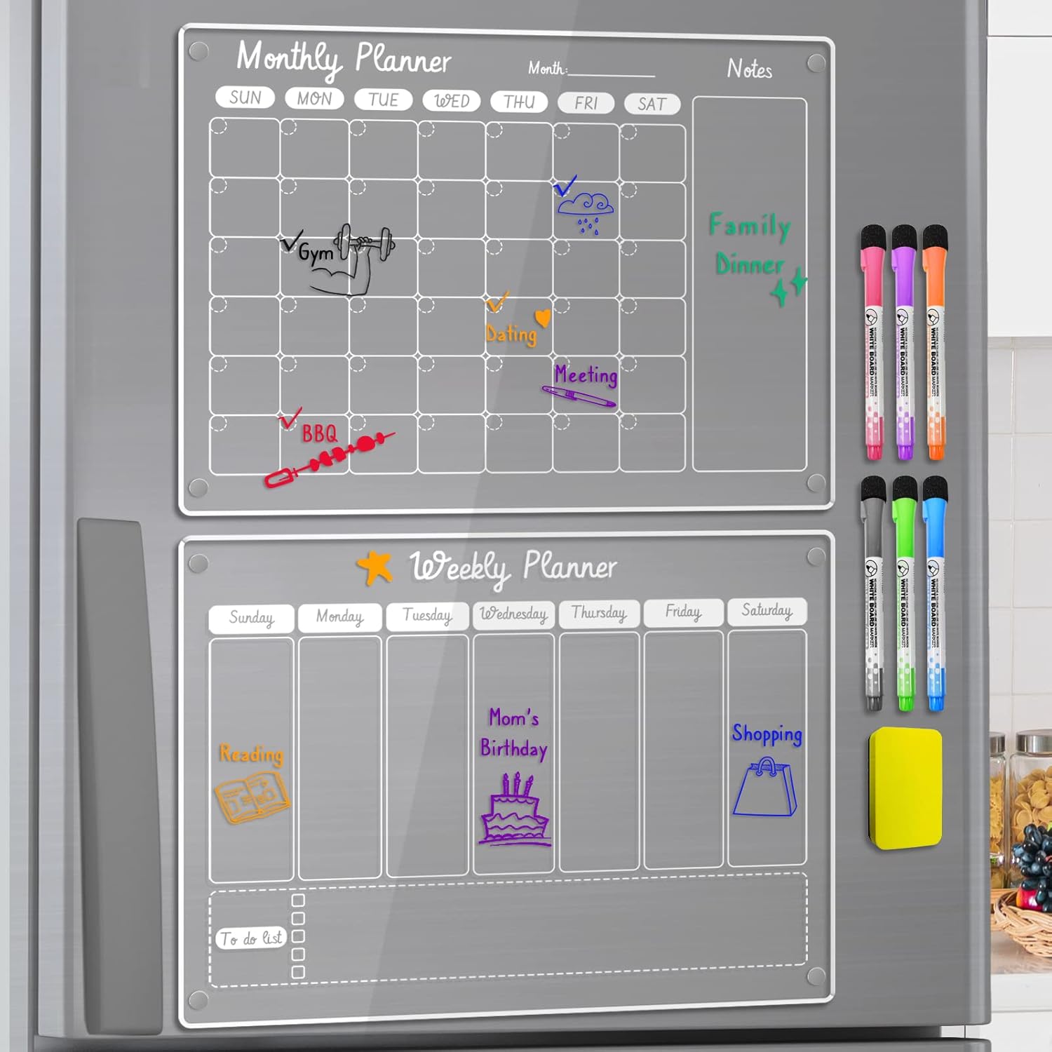Acrylic Calendar for Fridge, Set of 2 Clear Dry
