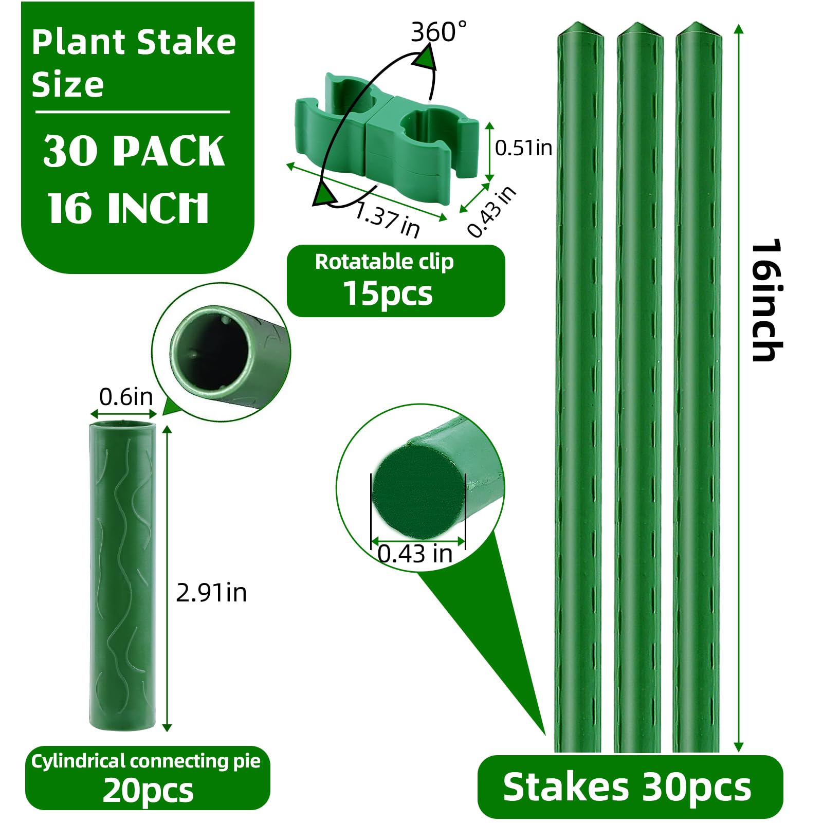 Fabulas Gartenpfähle, 40,6 cm, 30 Stück, DIY 1,2 m, 1,5 m, 1,8 m, 2,1 m, 2,4 m, Tomatenpfähle, kunststoffbeschichtetes Metall, Pflanzenstäbe, Stützen mit 20 Verbindungsstücken, 15 drehbaren Clips für