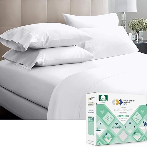 California Design Den -Twin Sheet Set 100% Cotton Sheets, 600 Thread Count, Deep Pocket, Snug Fit, Soft & Crisp White Sheets Set, 3 Pc, Sateen Weave Set, Beats Egyptian Cotton Claim (Twin, Pure White)