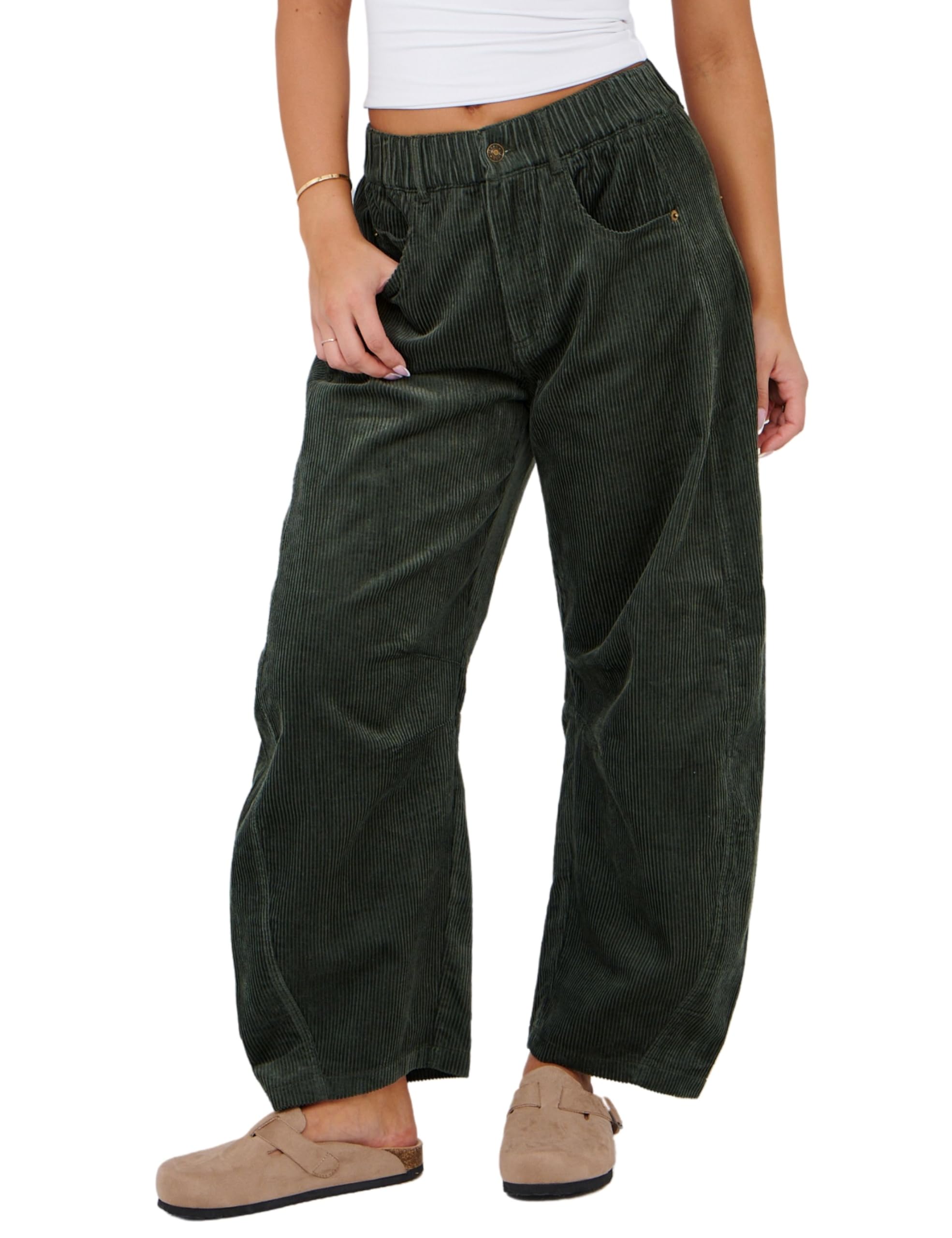 SeekMe Womens Corduroy Pants Barrel Mid-Rise Elastic Waist Cord Pants Casual Wide Leg Baggy Trouser with Pockets